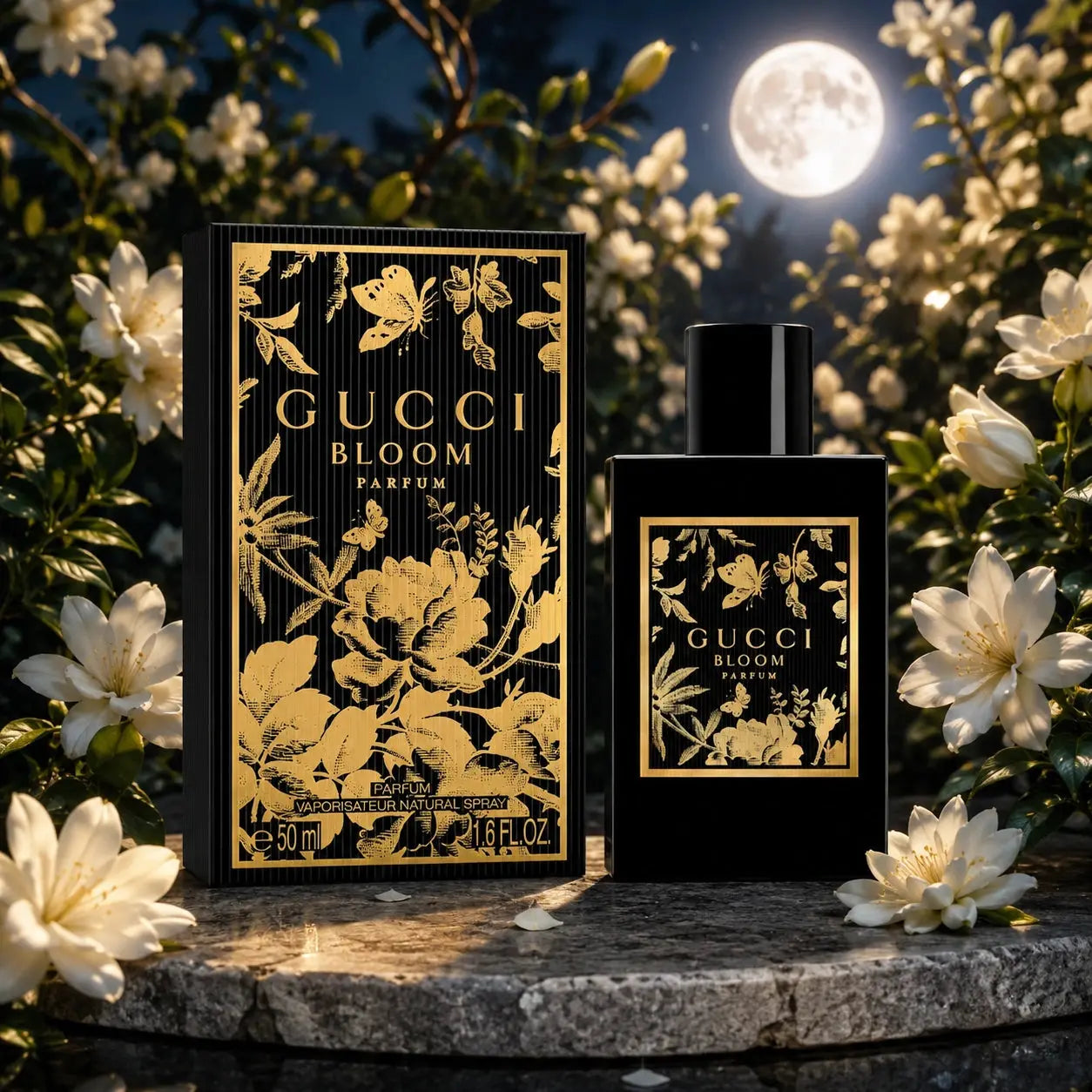 Gucci Bloom perfume bottle and packaging with floral design against a moonlit night background
