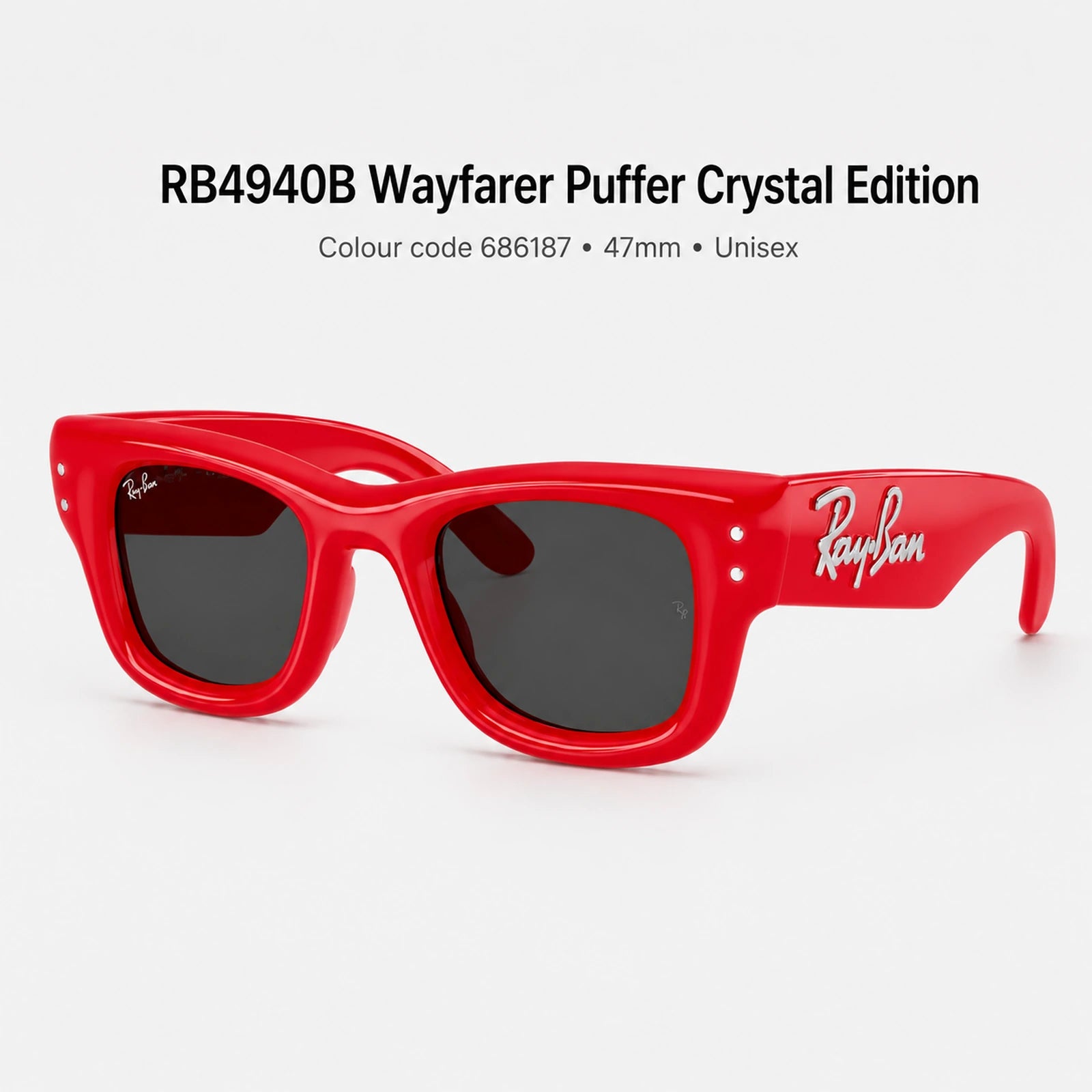 Red Ray-Ban sunglasses with 'Wayfarer Puffer Crystal Edition' on a white background