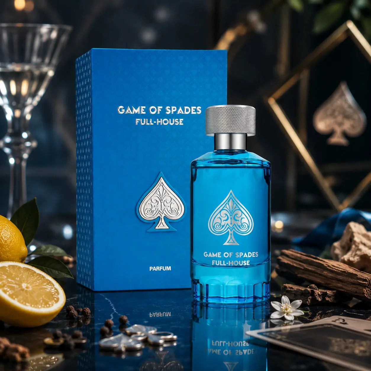Jo Milano Game Of Spades Full House 100ml EDP unisex perfume bottle and box in a premium blue still life setting at Gadgets Online NZ