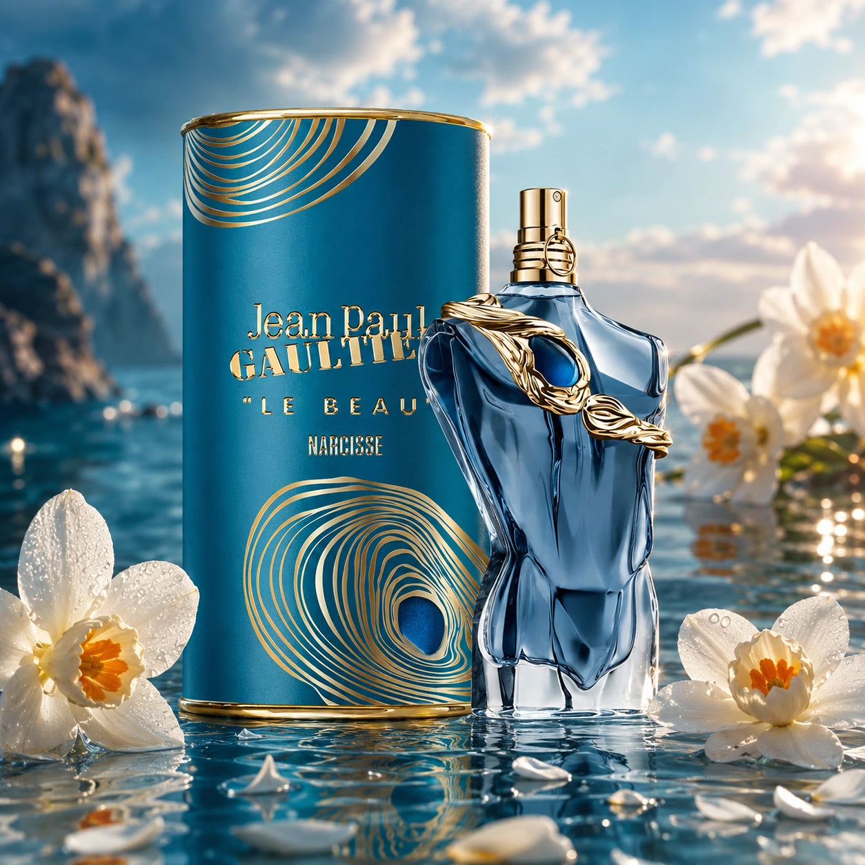 Jean Paul Gaultier Le Beau Narcisse EDP 75ml men perfume bottle and box with coastal floral luxury backdrop at Gadgets Online NZ