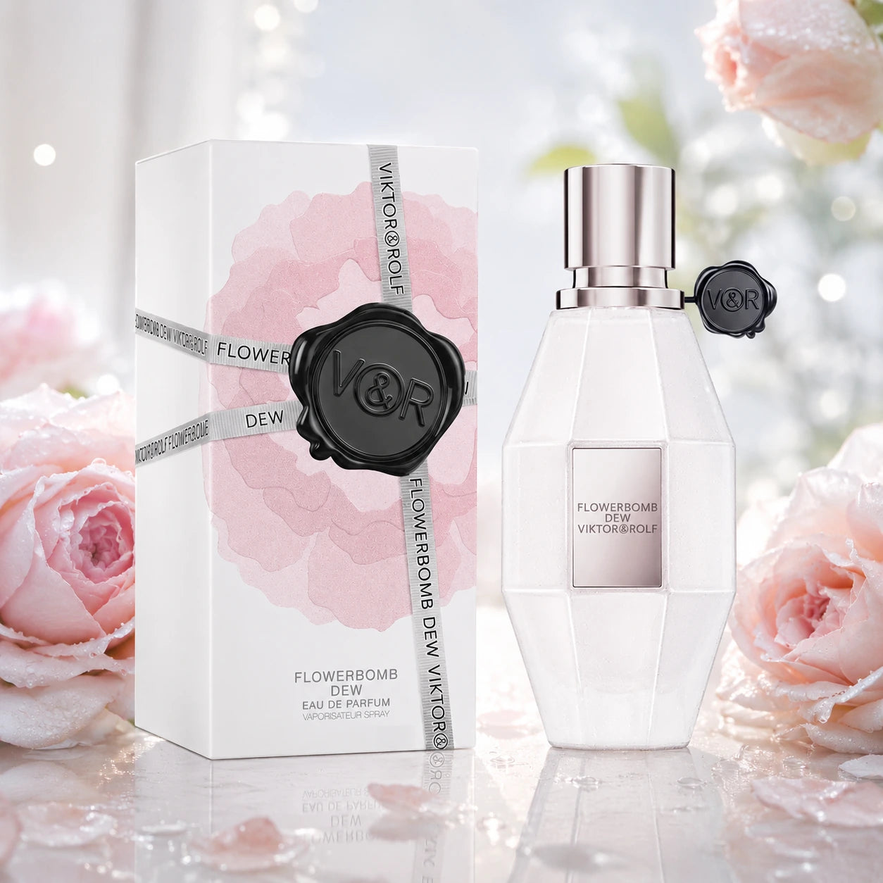 Viktor & Rolf Flowerbomb Dew EDP 50ml for women hero image with bottle and box in a soft premium floral setting