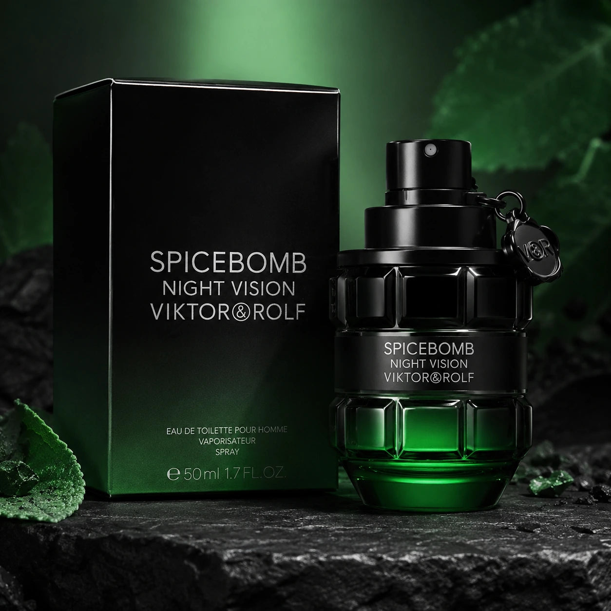 iktor & Rolf Spicebomb Night Vision EDT 50ml for men hero image with original 50ml bottle and box in a dark green luxury scene at Gadgets Online NZ.