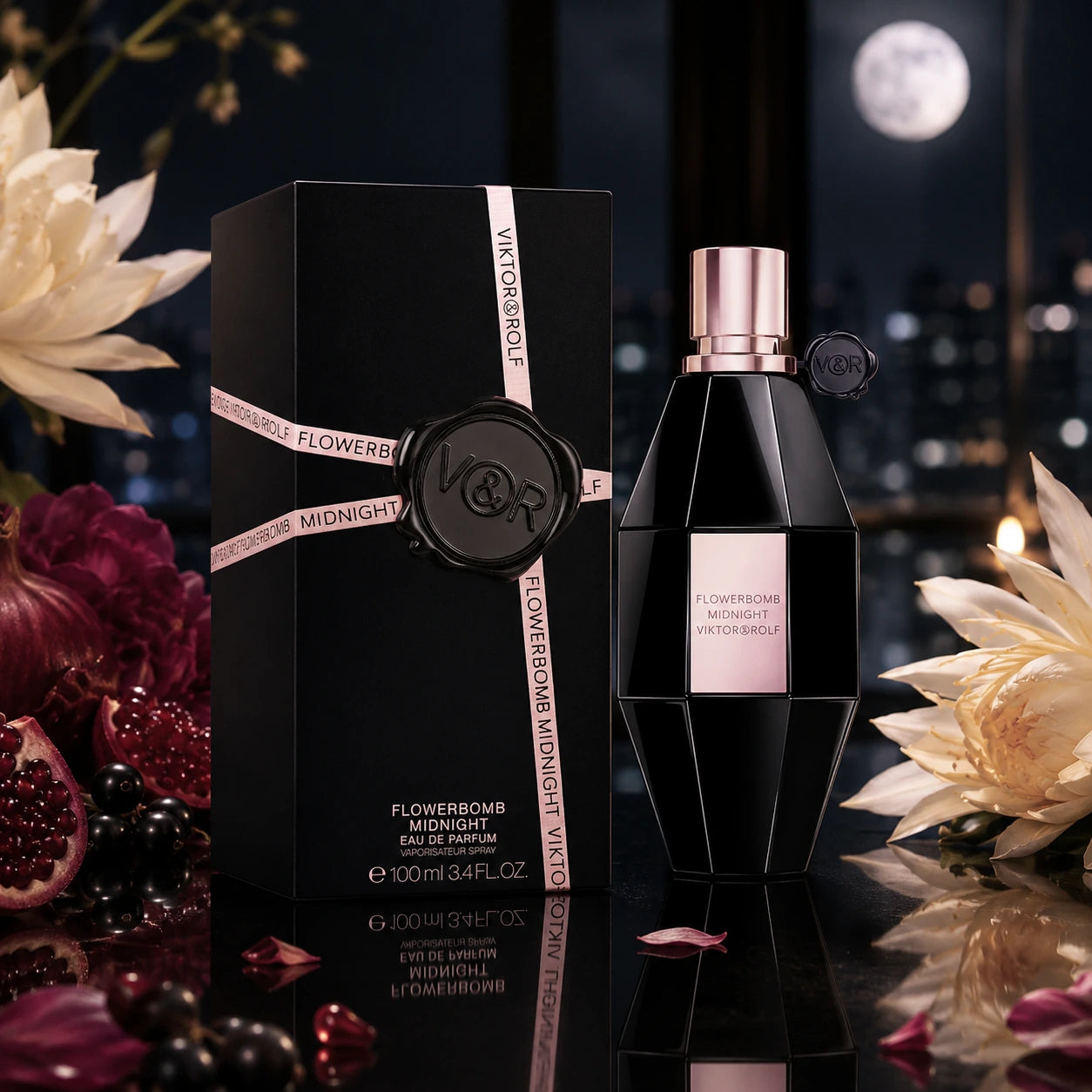 iktor & Rolf Flowerbomb Midnight EDP 100ml bottle and box with night floral luxury styling