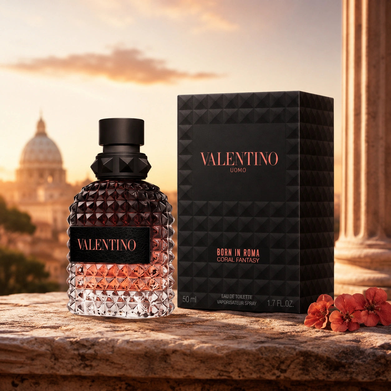 Valentino Uomo Born In Roma Coral Fantasy 50ml EDT men bottle and box in a Rome sunset inspired luxury setting at Gadgets Online NZ