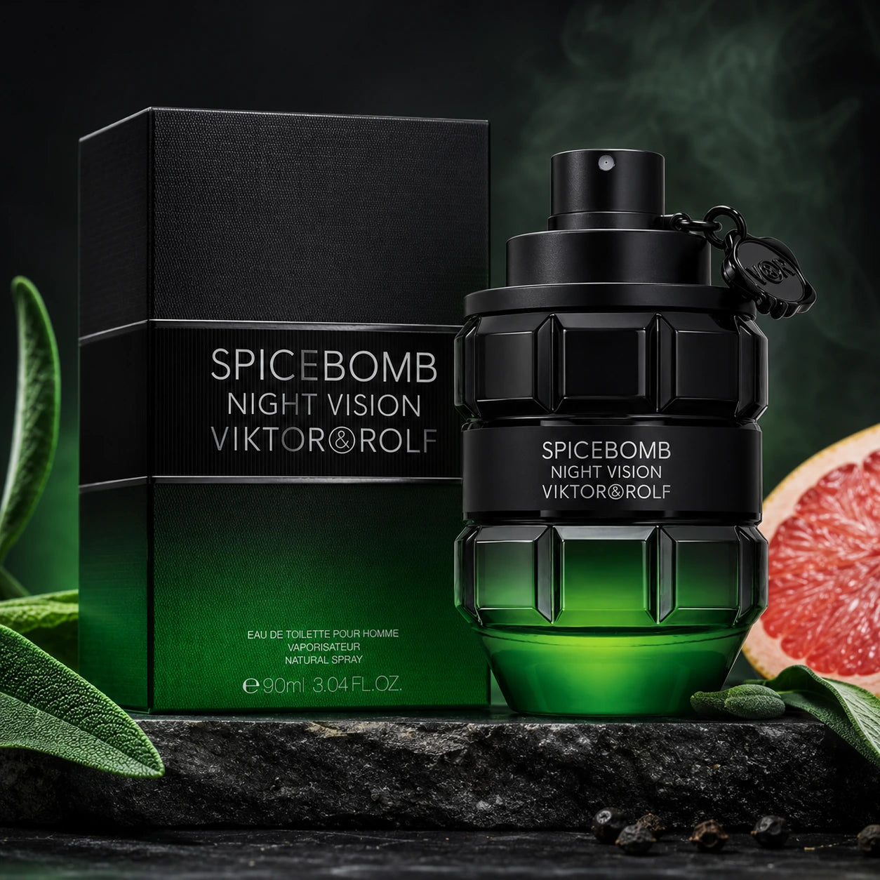 Viktor & Rolf Spicebomb Night Vision EDT 90ml for men bottle and box in a premium moody hero scene.