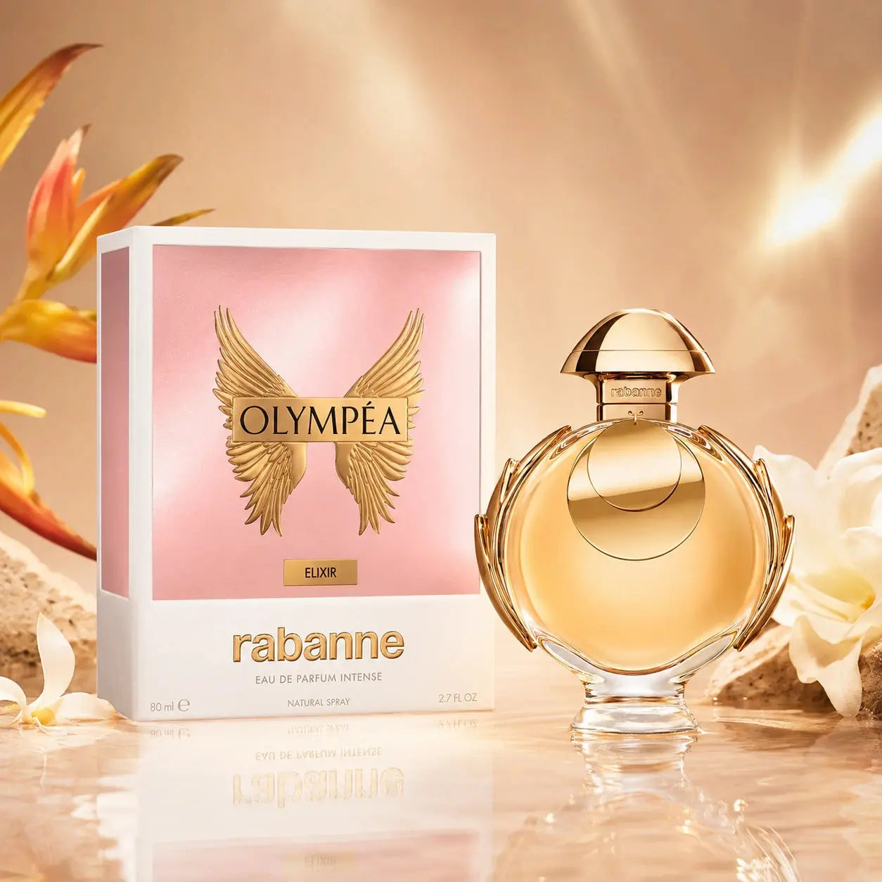 Rabanne Olympéa Elixir EDP Intense 80ml main hero image with the original bottle and box in a premium golden luxury setting.