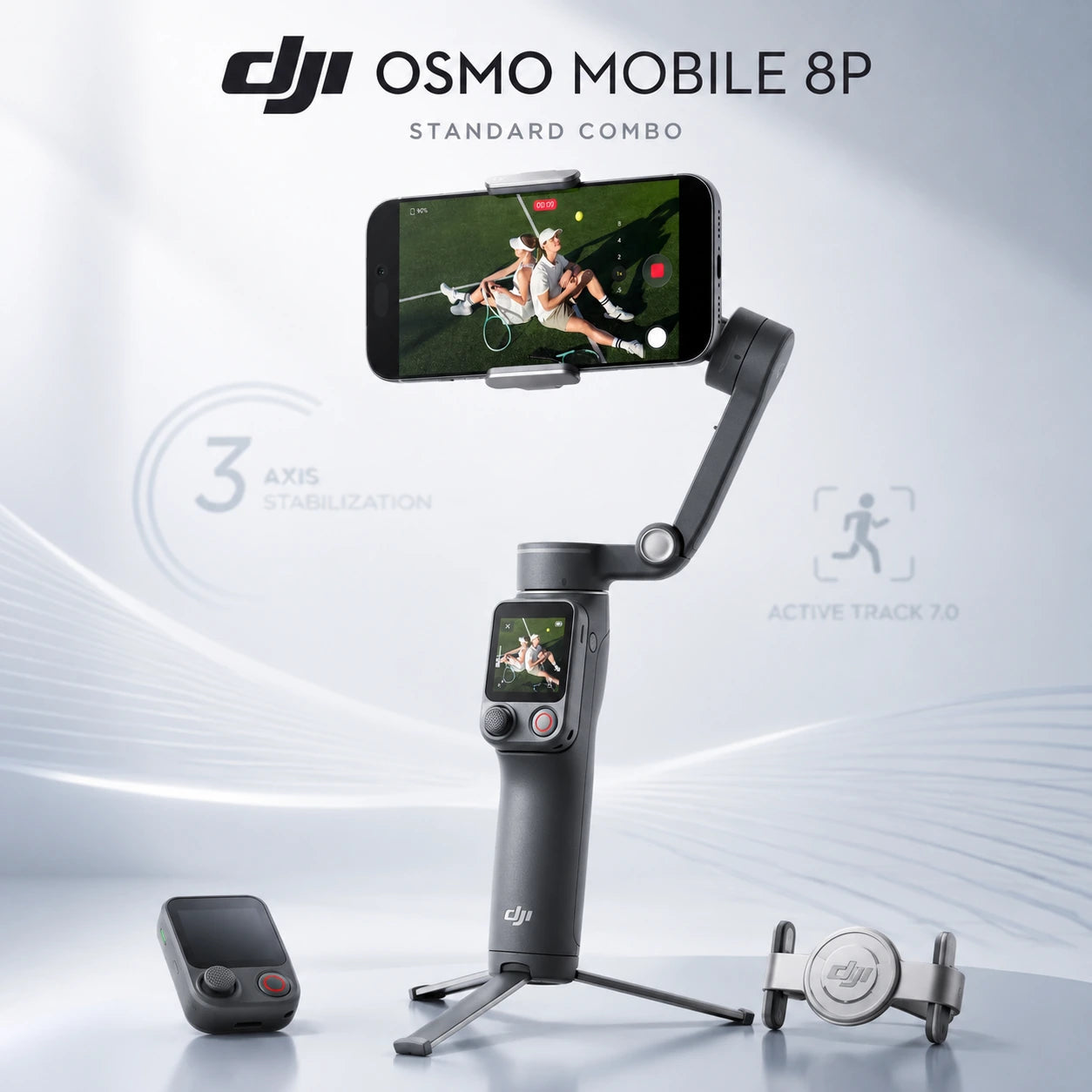 DJI Osmo Mobile 8P Standard Combo with Multifunctional Module and smartphone on a clean white background at Gadgets Online NZ LTD