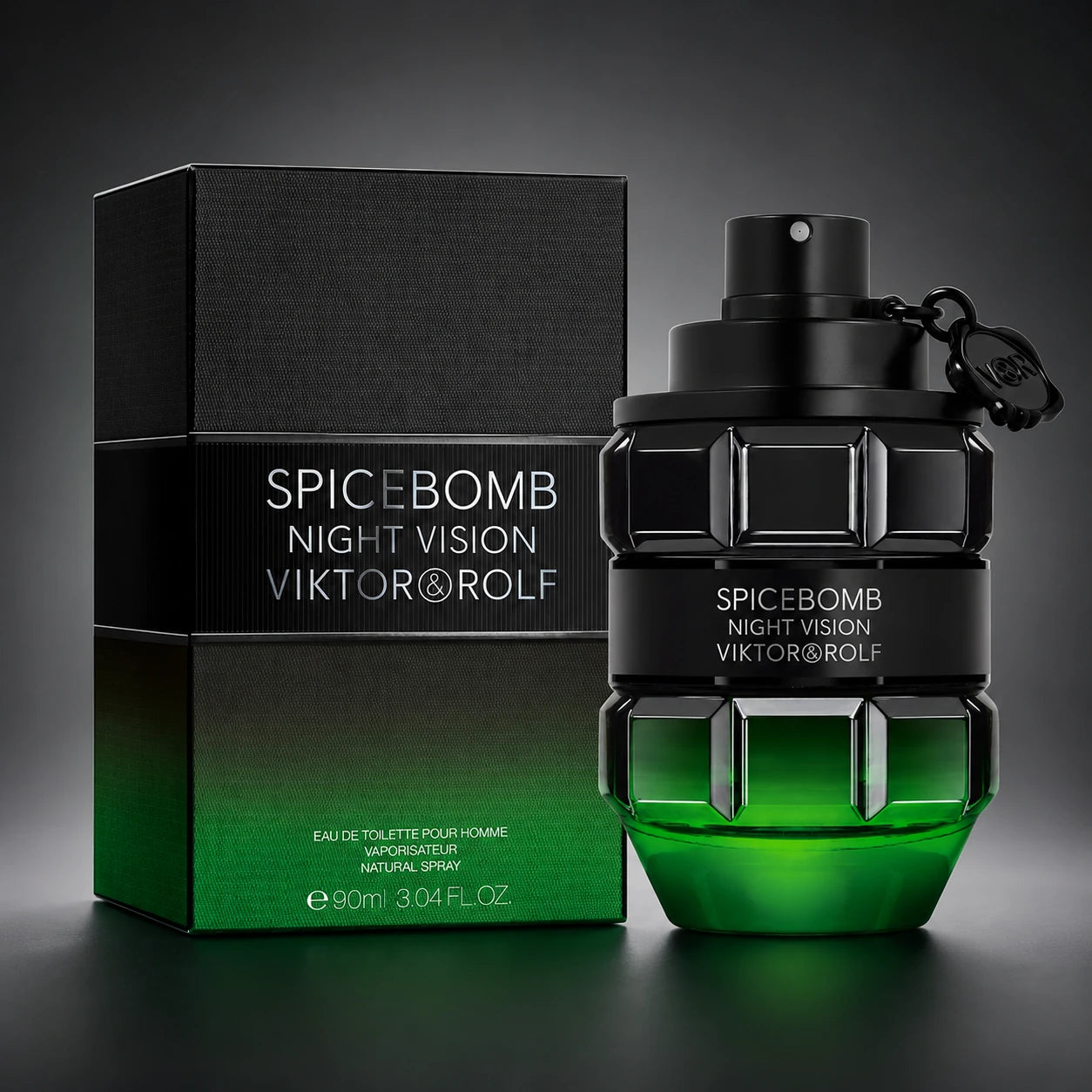Viktor & Rolf Spicebomb Night Vision EDT 90ml for men clean bottle and box product display.