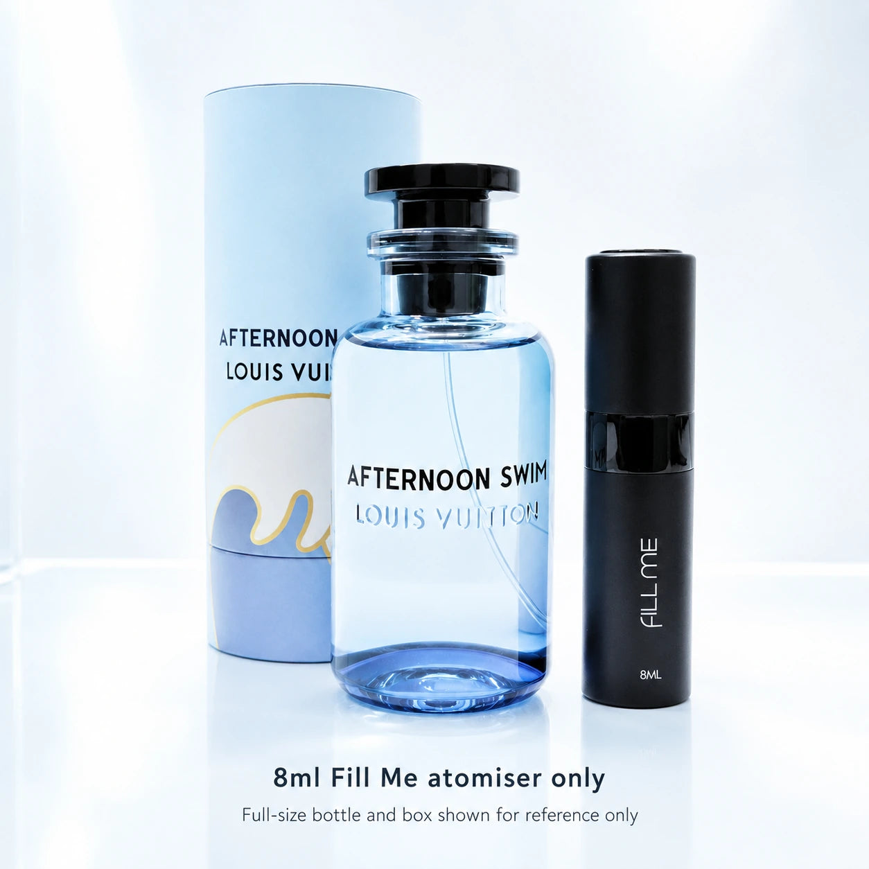 Louis Vuitton Afternoon Swim EDP 8ml refillable atomiser decant clean product image with the included Fill Me atomiser and the original full-size bottle and box shown for reference only.