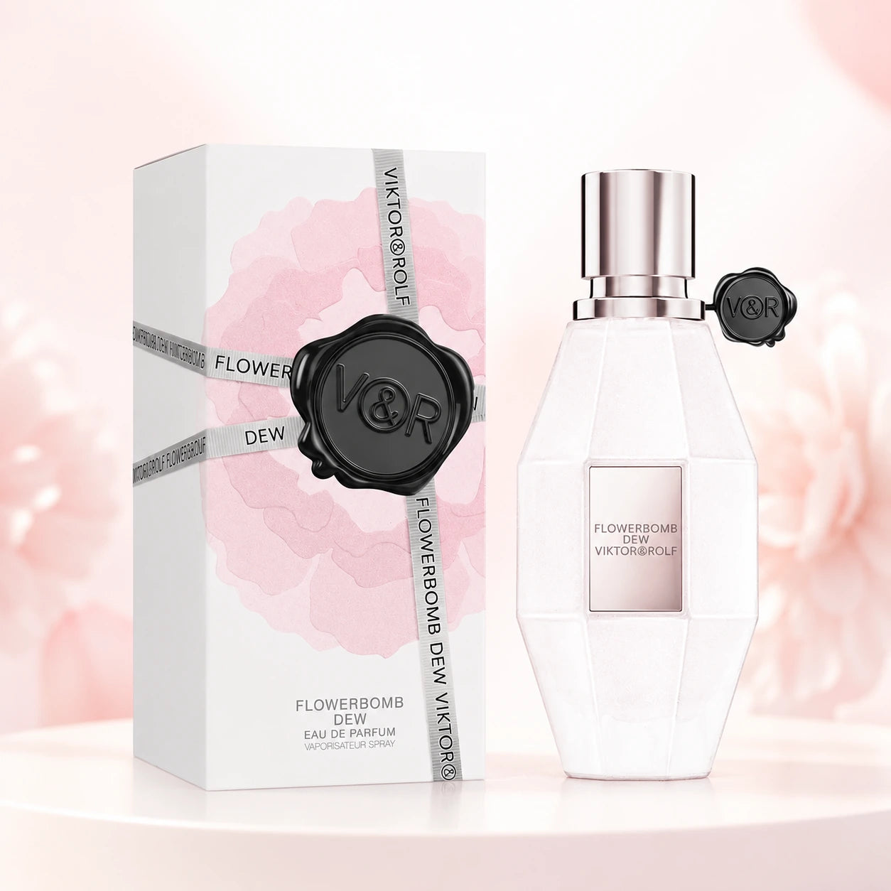 Viktor & Rolf Flowerbomb Dew EDP 50ml bottle and box clean product image for women on a bright luxury background