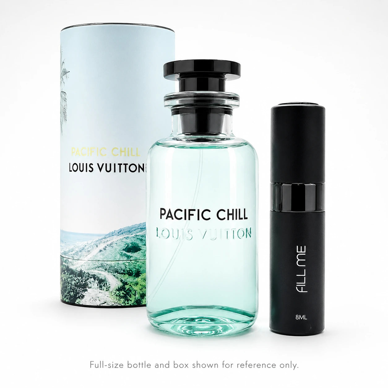 Louis Vuitton Pacific Chill EDP 8ml refillable atomiser decant clean product image with full-size bottle and box shown for reference and Fill Me 8ml atomiser