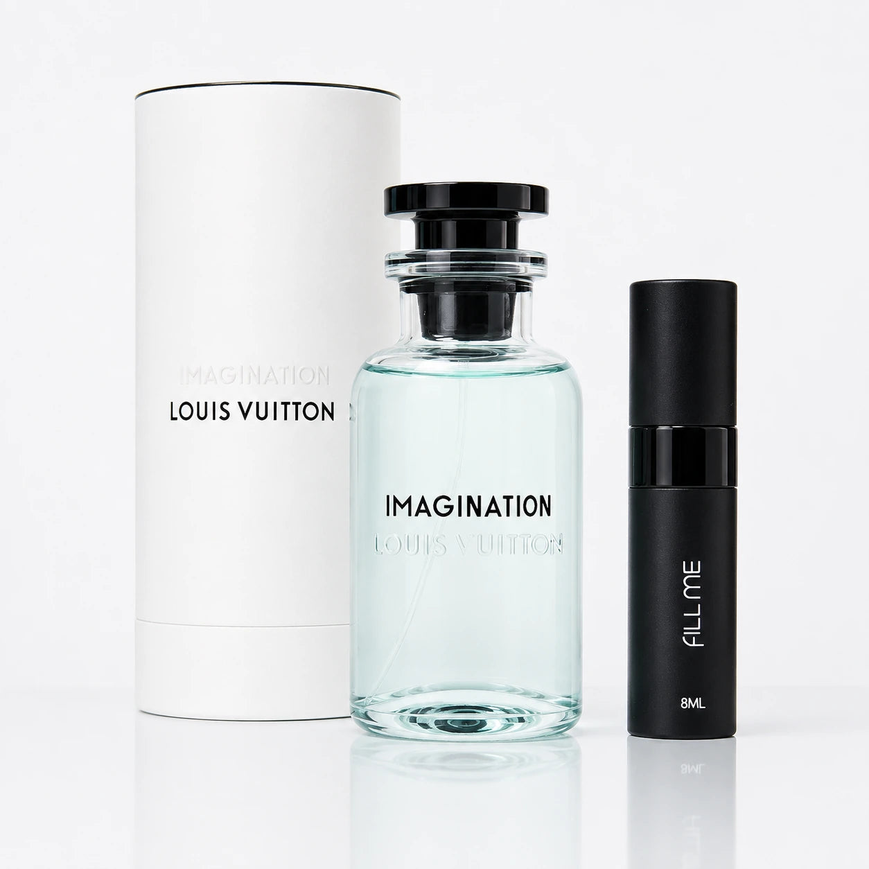 Louis Vuitton Imagination 8ml Fill Me decant clean product image showing the 8ml atomiser with the original full-size bottle and box for reference at Gadgets Online NZ.

