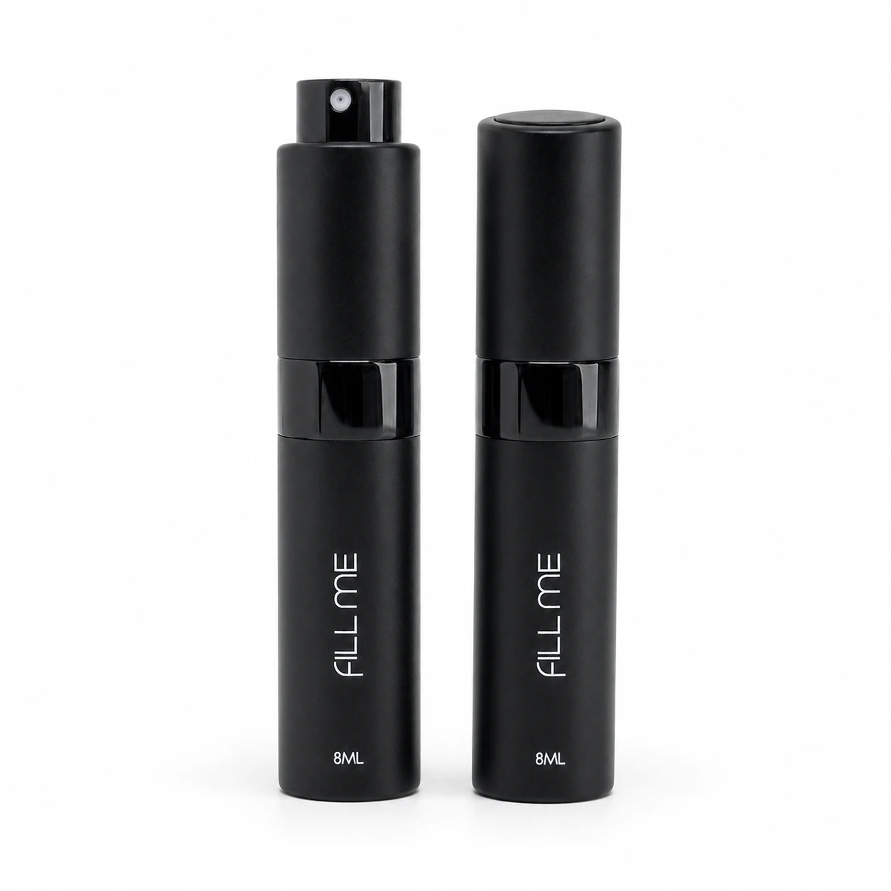 Fill Me refillable 8ml travel perfume atomiser bottle black clean product image showing two matte black atomisers on a white background.