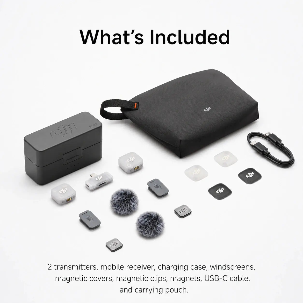 DJI Mic Mini 2 2 TX 1 Mobile RX Charging Case included accessories and carrying pouch