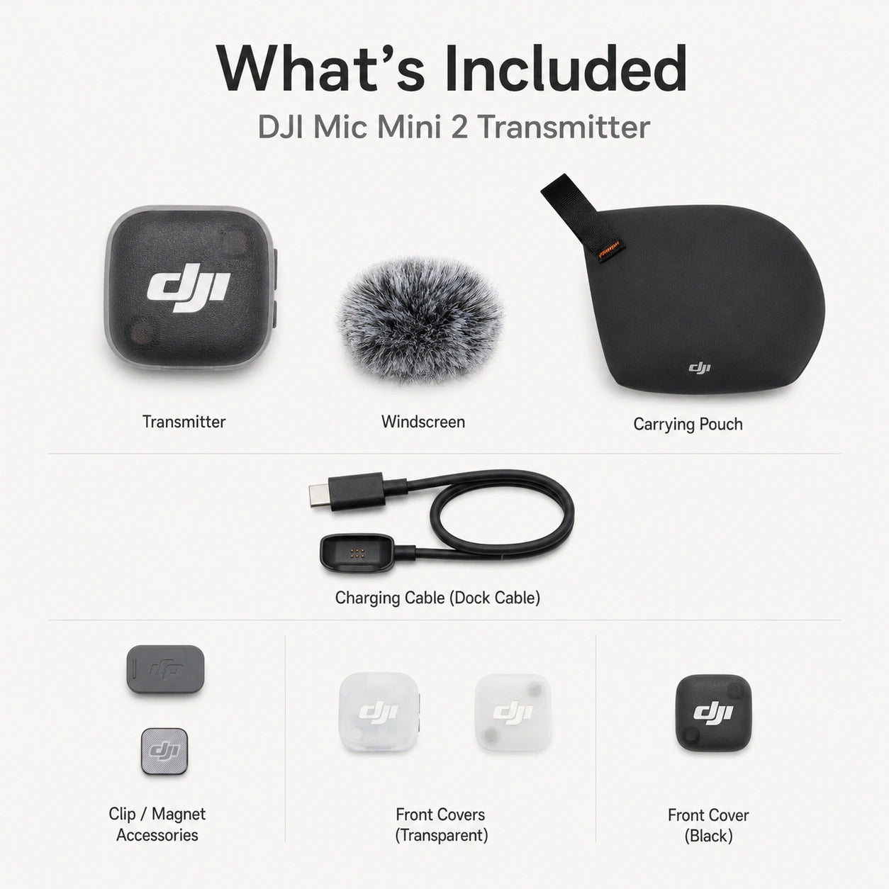 DJI Mic Mini 2 Transmitter package contents with pouch, cable, windscreen and accessories at Gadgets Online NZ