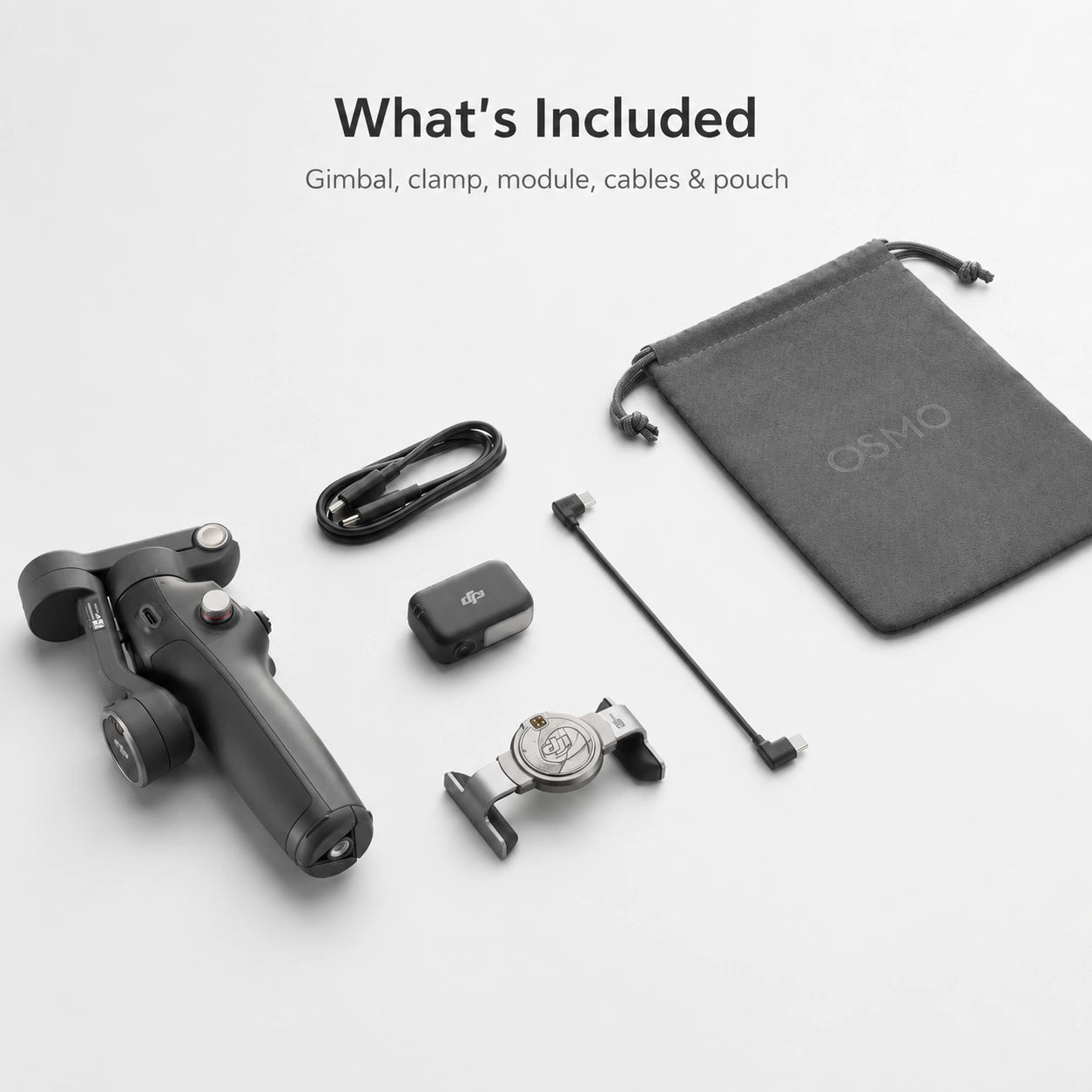DJI Osmo Mobile 8 kit with gimbal, clamp, multifunctional module, cables and pouch at Gadgets Online NZ