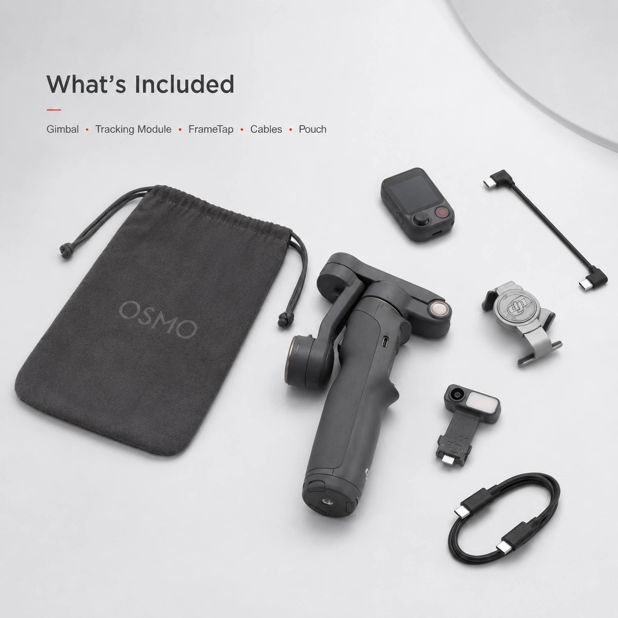 DJI Osmo Mobile 8P Advanced Tracking Combo with gimbal, tracking module, FrameTap, cables and pouch