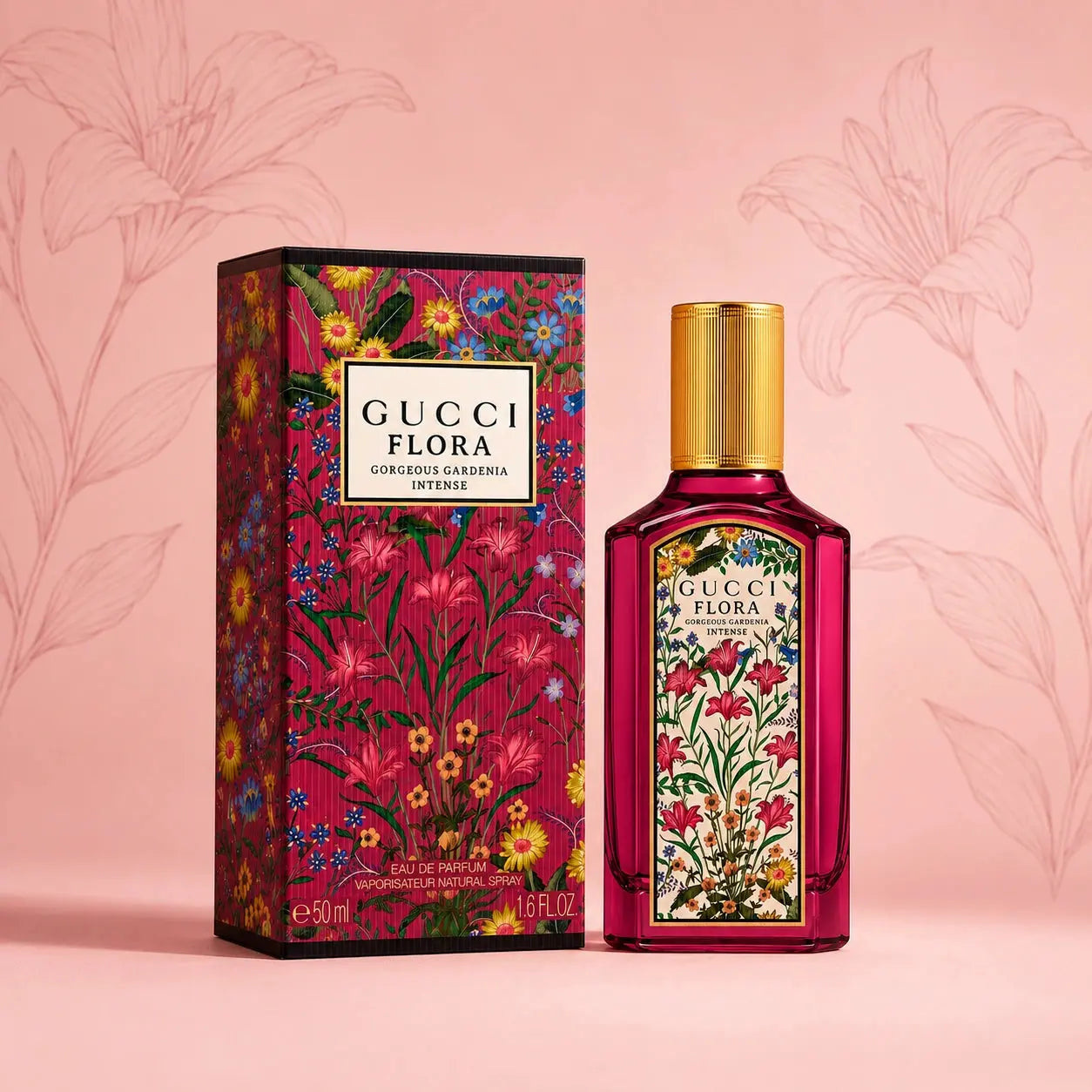 Gucci Flora Gorgeous Gardenia Intense EDP 50ml clean product image with deep pink bottle and floral box packaging at Gadgets Online NZ