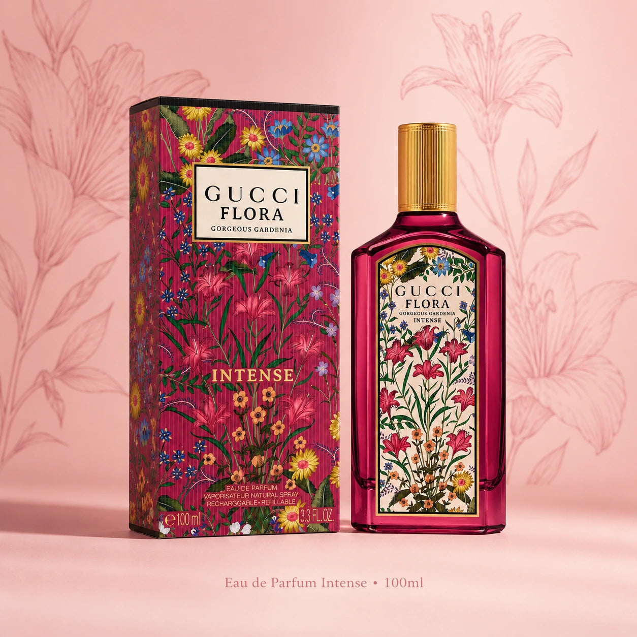 Gucci Flora Gorgeous Gardenia Intense EDP 100ml clean product image with bottle and floral box packaging at Gadgets Online NZ