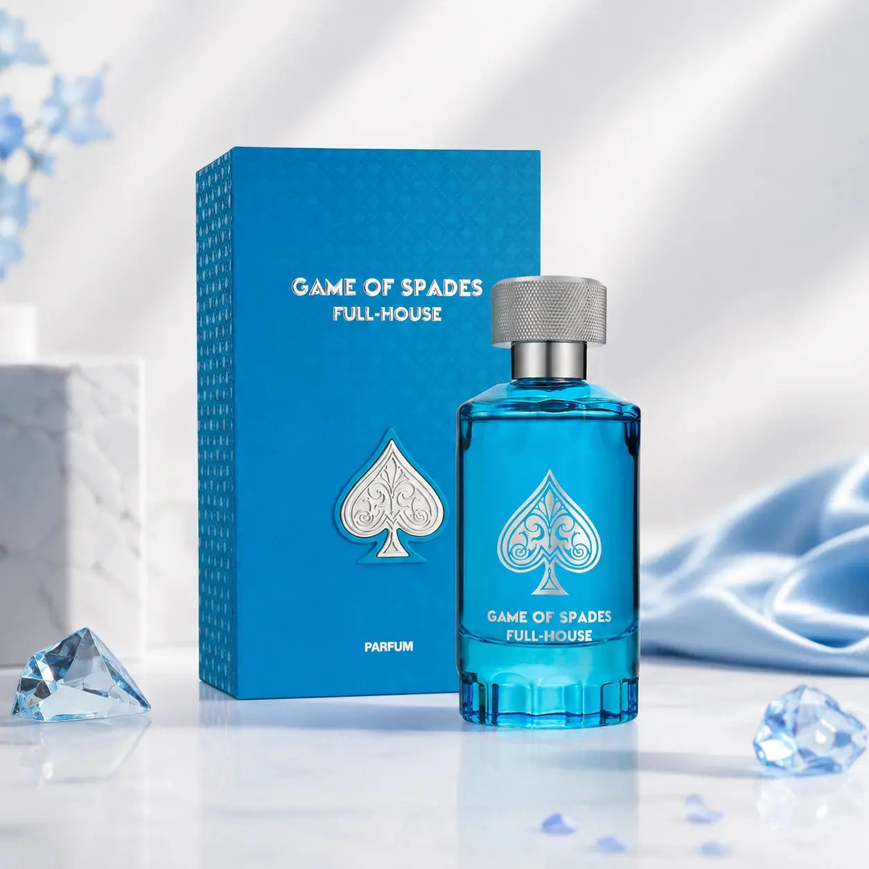 Jo Milano Game Of Spades Full House 100ml EDP clean product image with blue bottle and matching box at Gadgets Online NZ