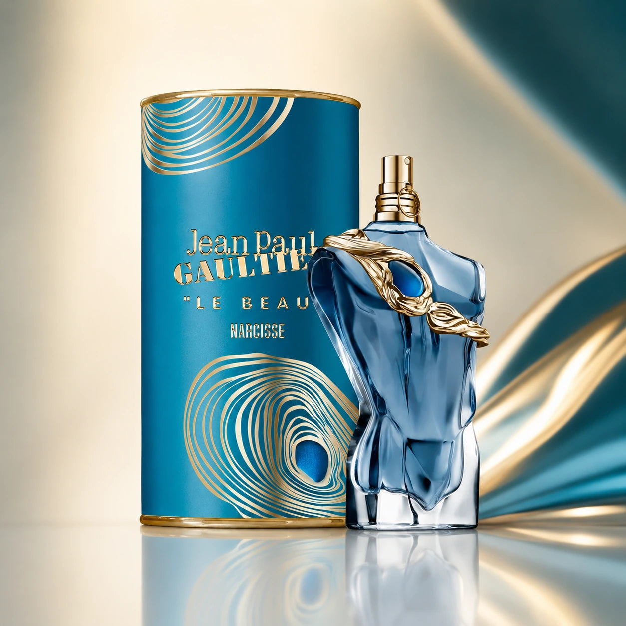 Jean Paul Gaultier Le Beau Narcisse EDP 75ml clean product image with perfume bottle and blue canister box at Gadgets Online NZ