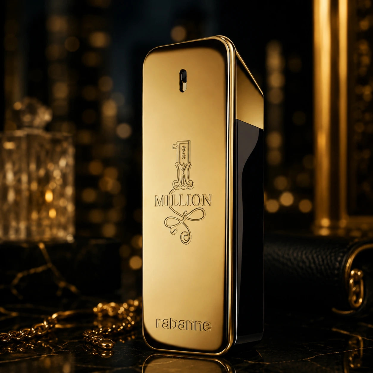 Gold '1 Million' perfume bottle with intricate design on a dark background