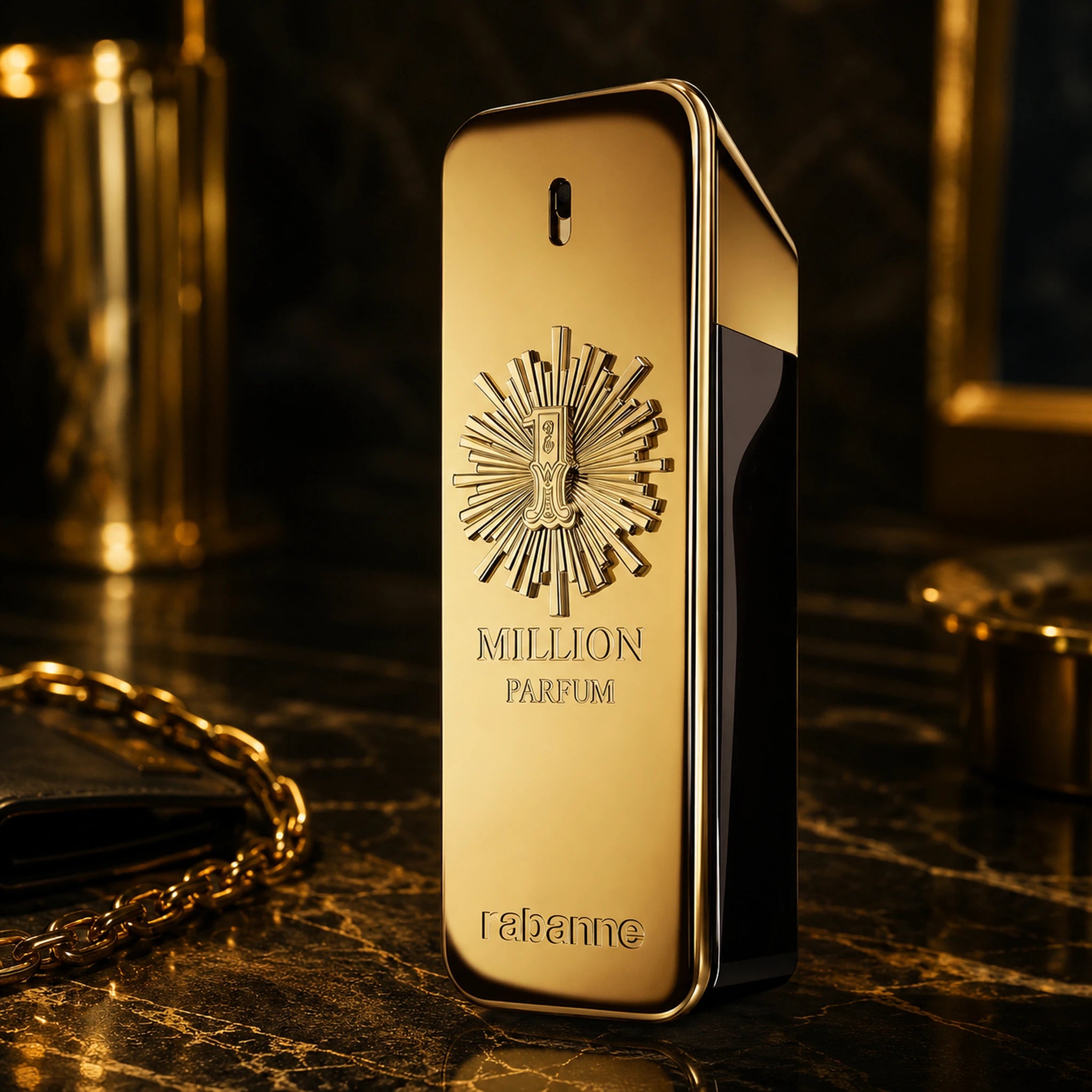 Gold perfume bottle with 'One Million' branding on a dark background