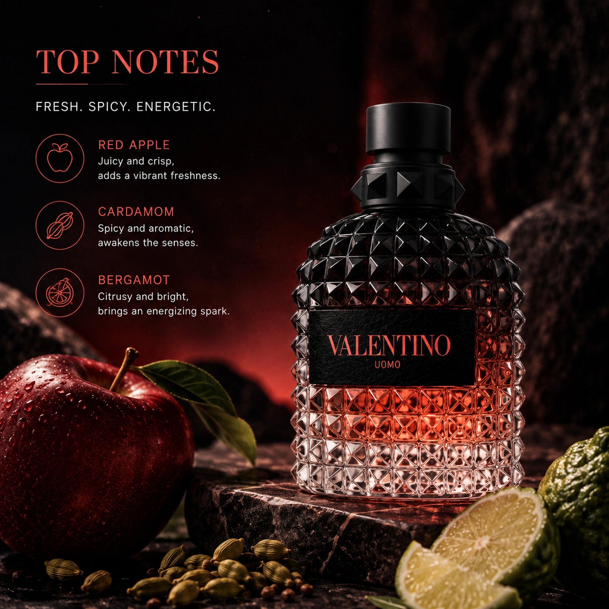 Valentino Uomo Born In Roma Coral Fantasy top notes red apple cardamom bergamot image at Gadgets Online NZ