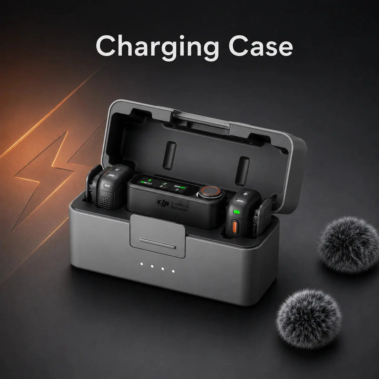 Charging case with wireless earbuds on a dark background