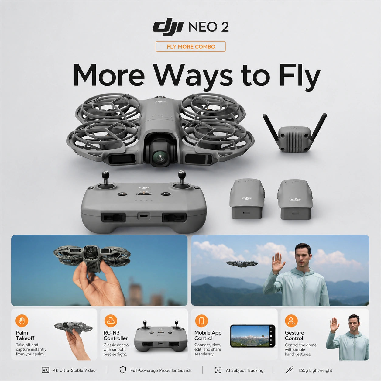 DJI Neo 2 Fly More Combo more ways to fly with palm takeoff RC-N3 control app control and gesture control
