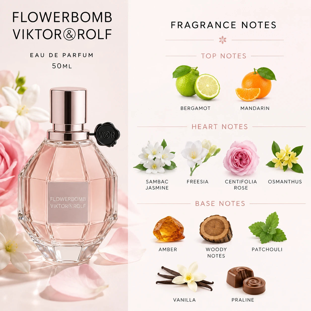 Viktor & Rolf Flowerbomb 50ml EDP fragrance notes infographic showing sparkling citrus top notes, a floral heart and a warm addictive base with the perfume bottle.
