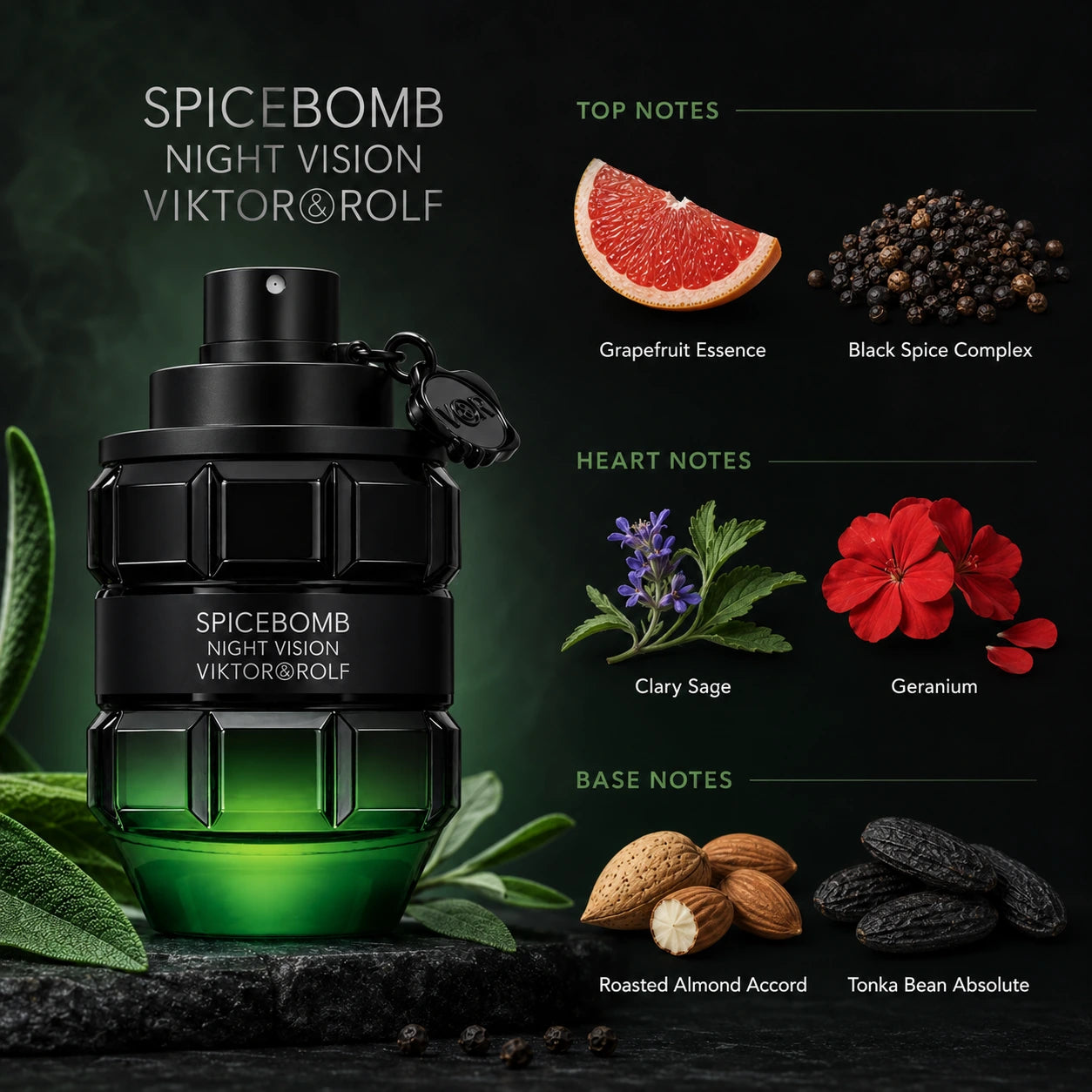 Viktor & Rolf Spicebomb Night Vision EDT 90ml fragrance notes infographic in a luxury ecommerce layout.