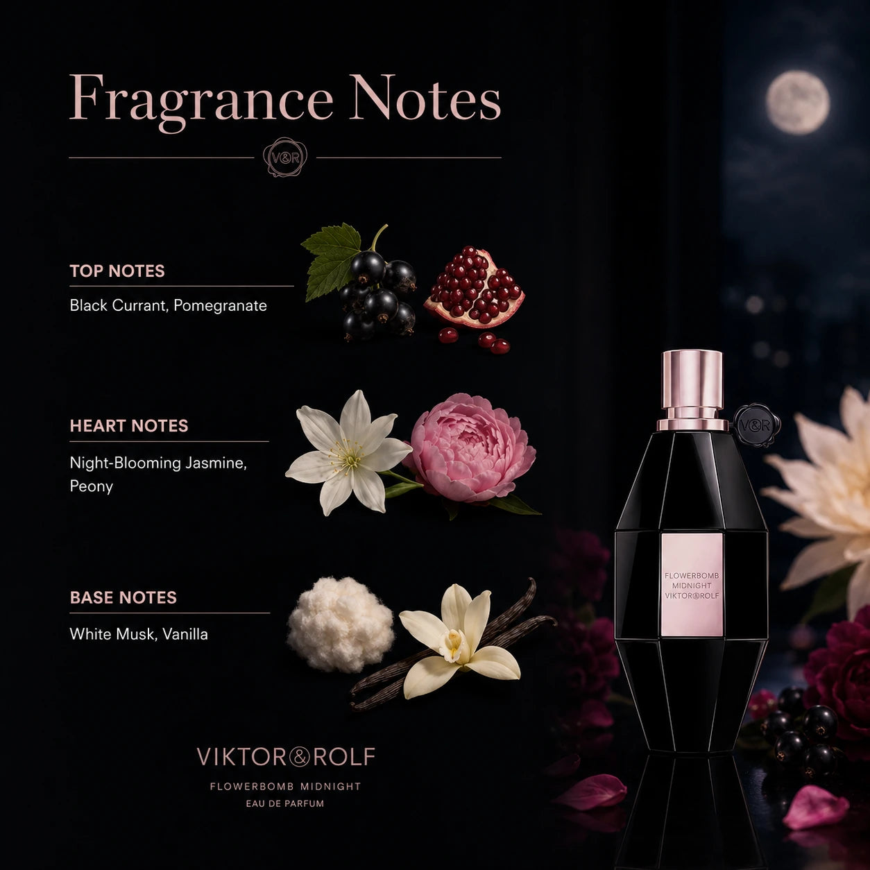 Viktor & Rolf Flowerbomb Midnight EDP 100ml fragrance notes infographic showing black currant, pomegranate, jasmine, peony, white musk and vanilla