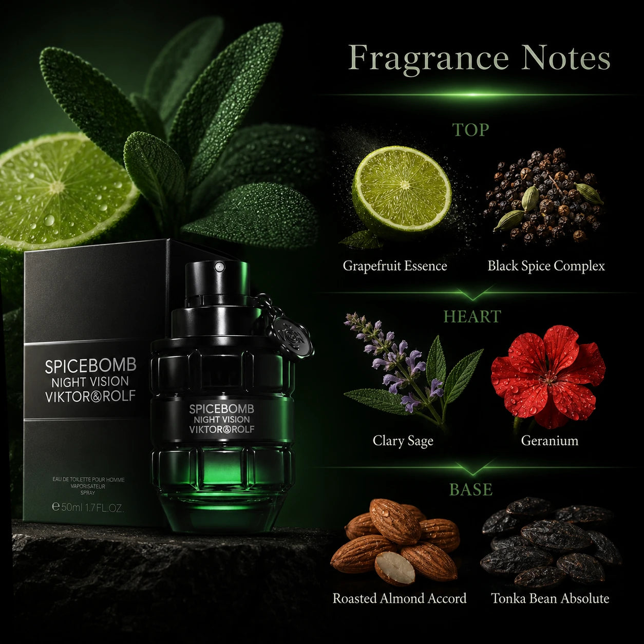 Viktor & Rolf Spicebomb Night Vision EDT 50ml fragrance notes infographic with grapefruit essence, black spice complex, clary sage, geranium, roasted almond accord and tonka bean absolute.