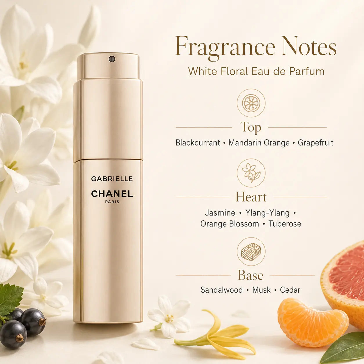 Chanel perfume bottle with floral and fruit elements on a light background
