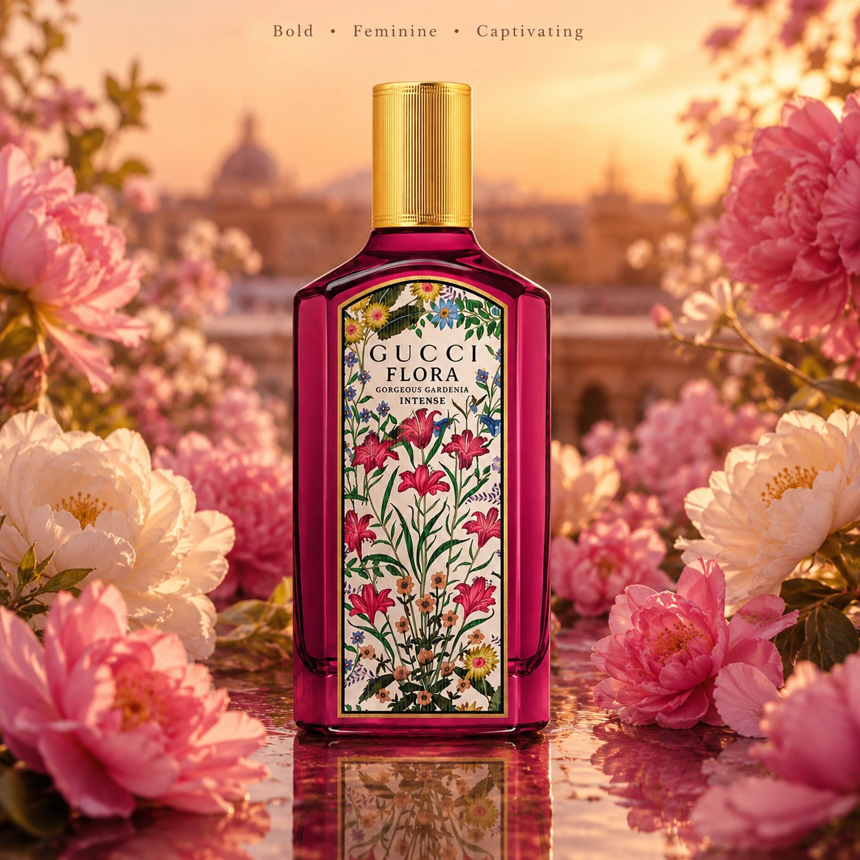 Gucci Flora Gorgeous Gardenia Intense EDP 100ml bottle hero image in a romantic floral garden setting at Gadgets Online NZ