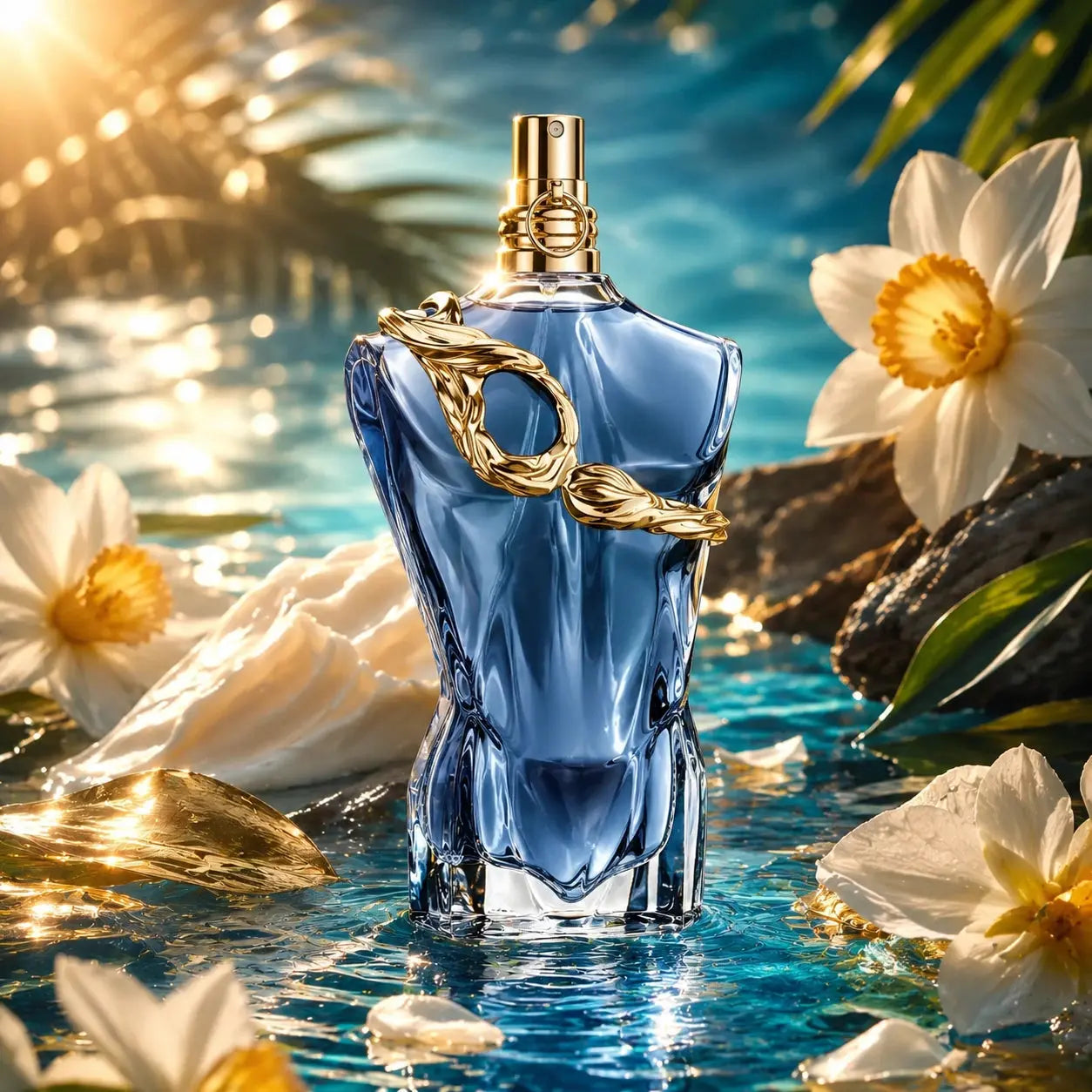 Jean Paul Gaultier Le Beau Narcisse EDP 75ml perfume bottle hero image with tropical coastal luxury setting at Gadgets Online NZ