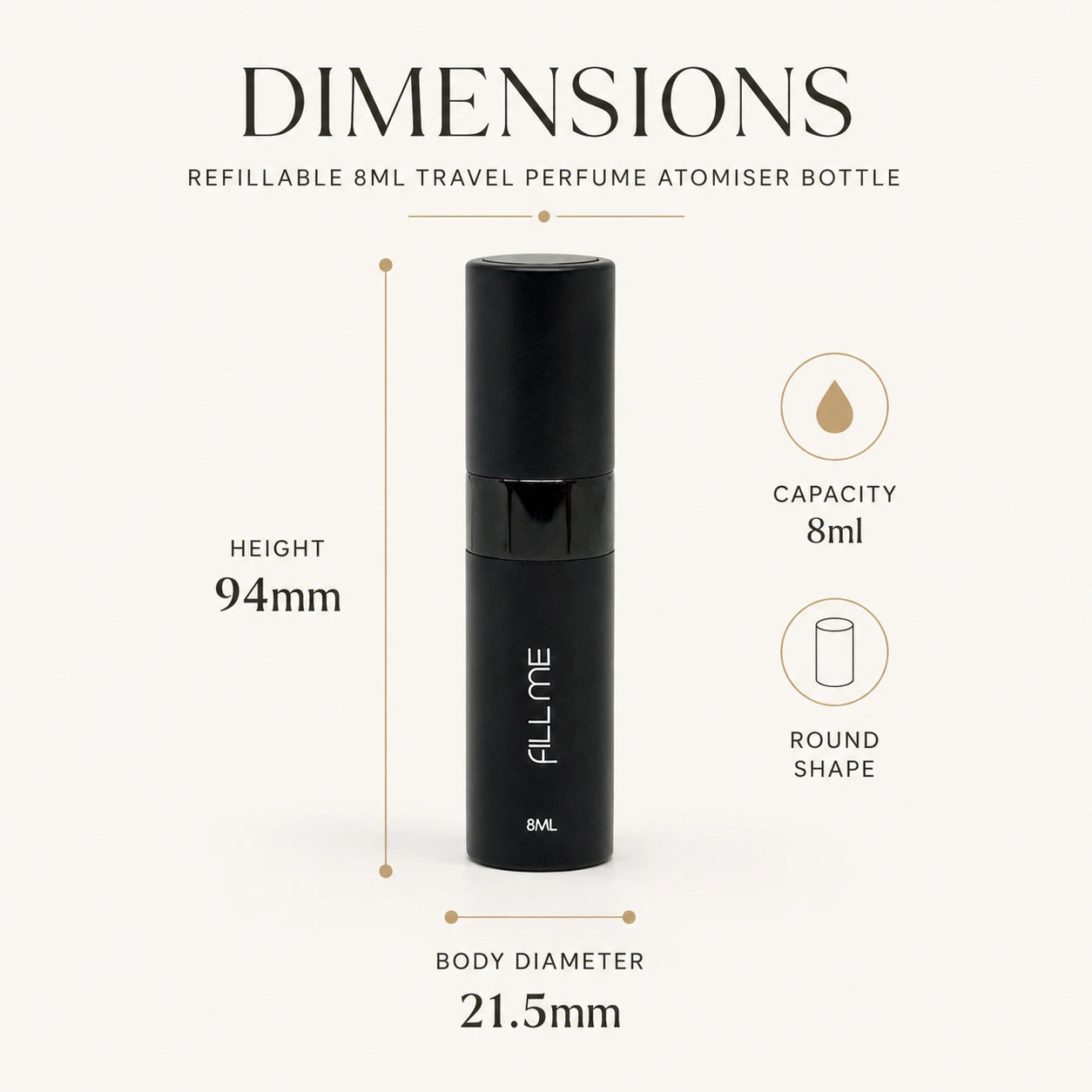 Fill Me refillable 8ml travel perfume atomiser bottle black product features infographic showing 8ml capacity, matte surface, leak-proof design, anodized aluminium case, and portable refillable use.