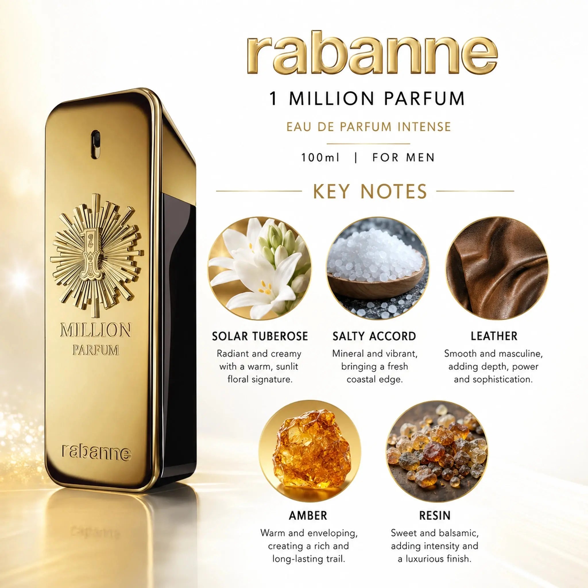 Gold perfume bottle with Rabanne branding and product details on a white background