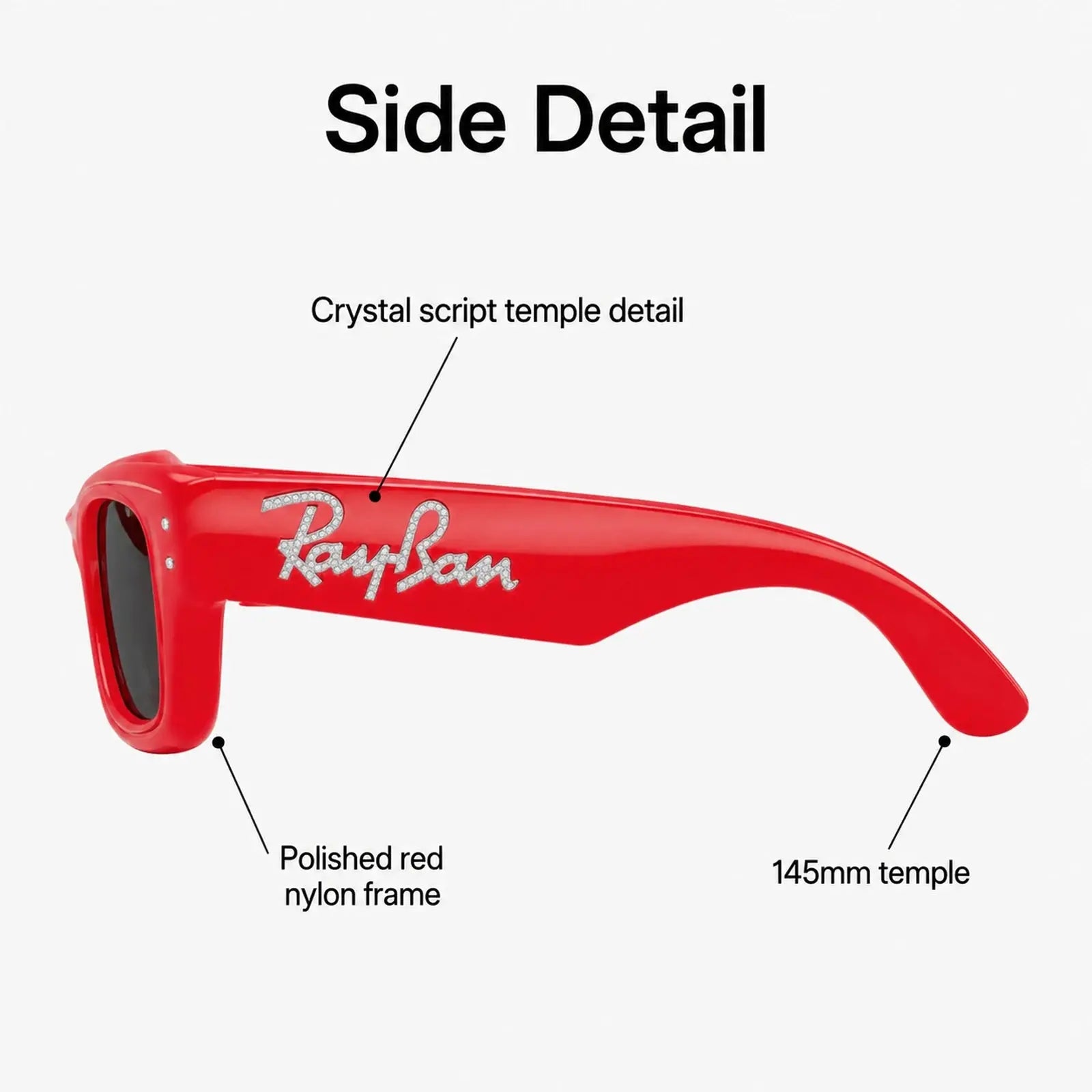 Red Ray-Ban sunglasses with side detail on a white background