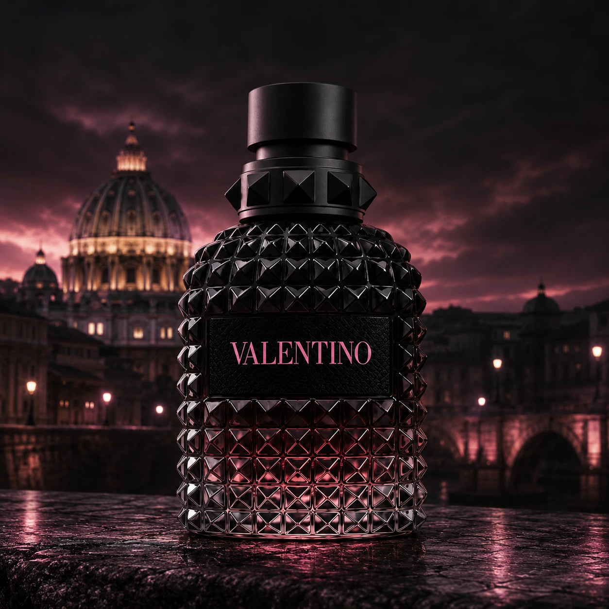 Valentino Uomo Born In Roma Intense EDP 50ml for men bottle hero image with black and pink Rome night styling at Gadgets Online NZ