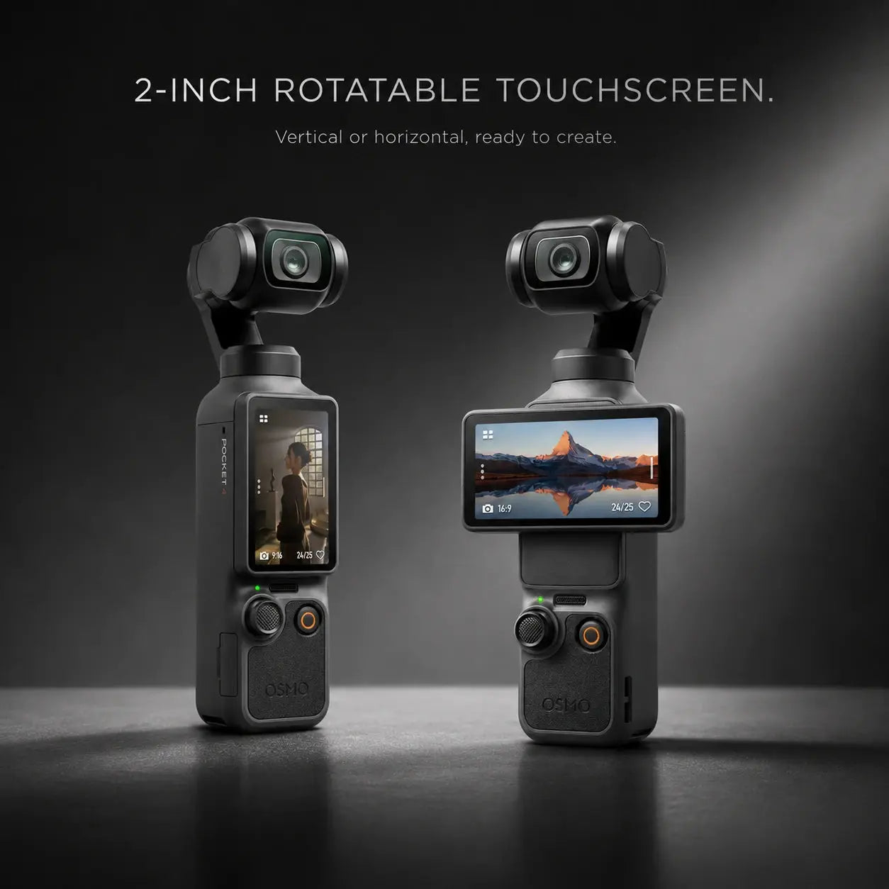 DJI Osmo Pocket 4 gimbal camera lineup with rotatable touchscreen display in a premium tech layout