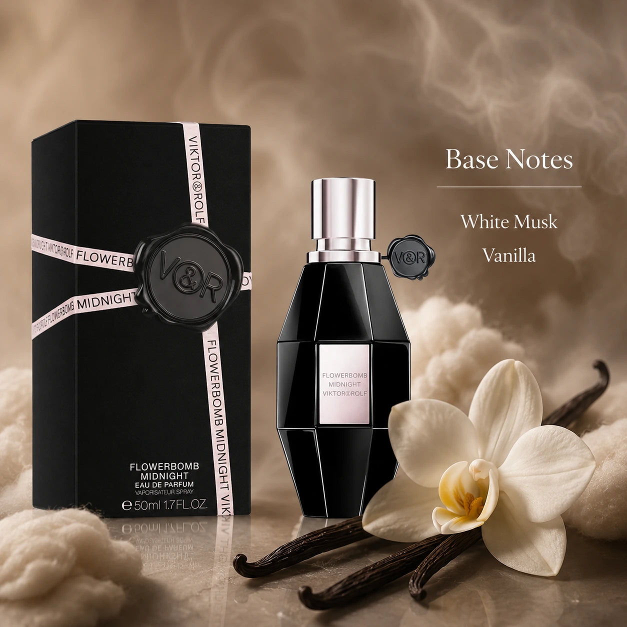  Viktor & Rolf Flowerbomb Midnight perfume with packaging and vanilla beans on a textured background