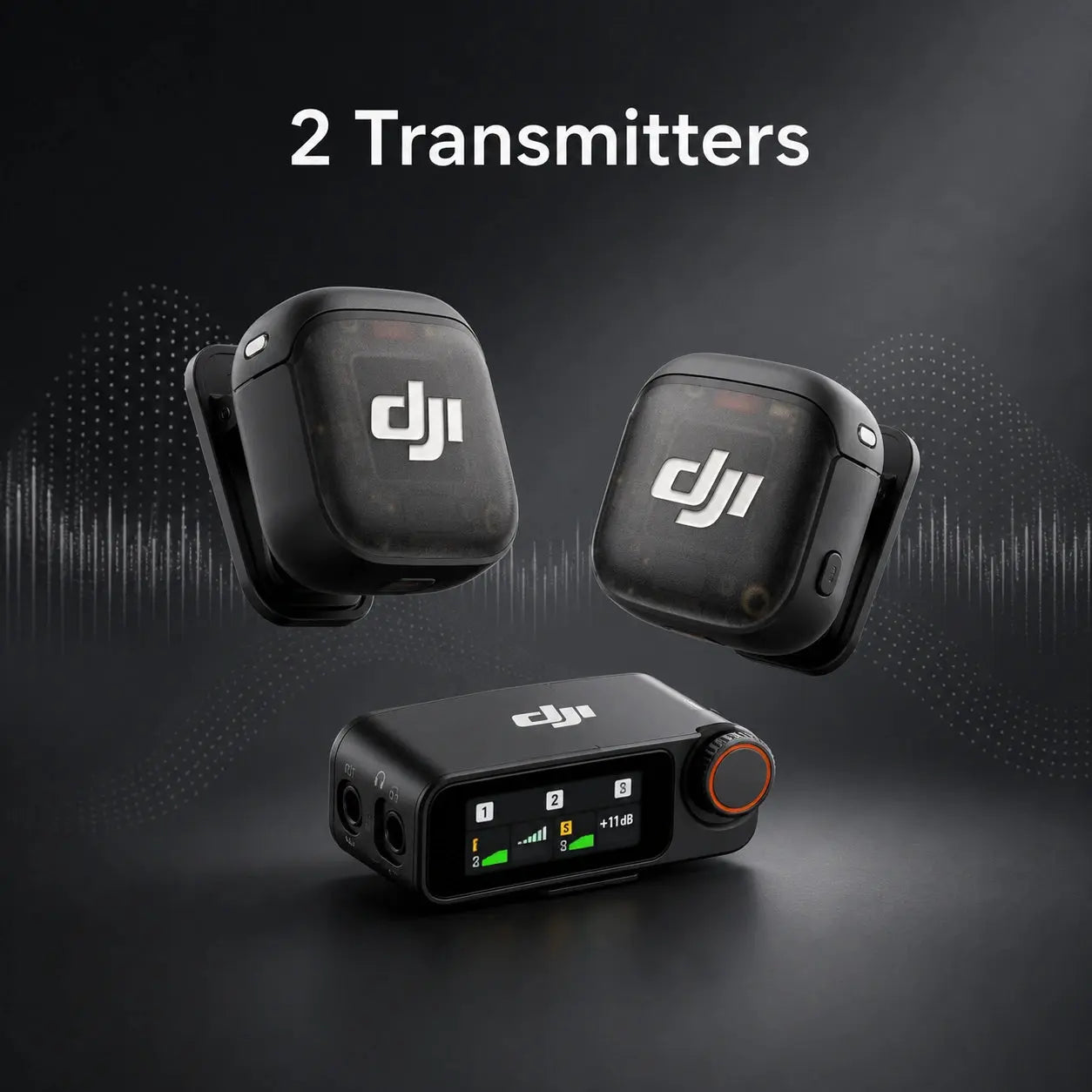Two DJI transmitters on a dark background with '2 Transmitters' text above.