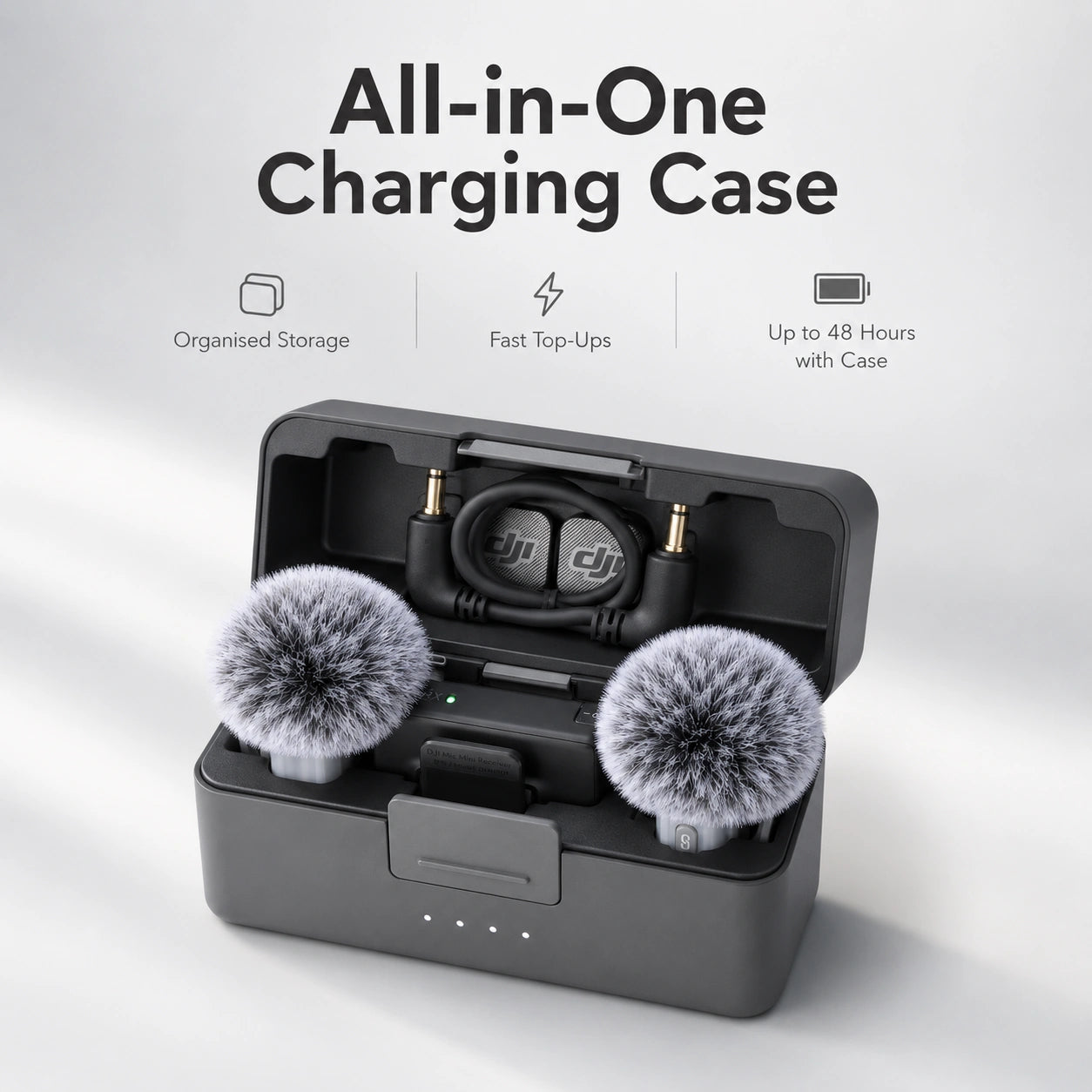 DJI Mic Mini 2 all-in-one charging case with organised storage and fast top-ups