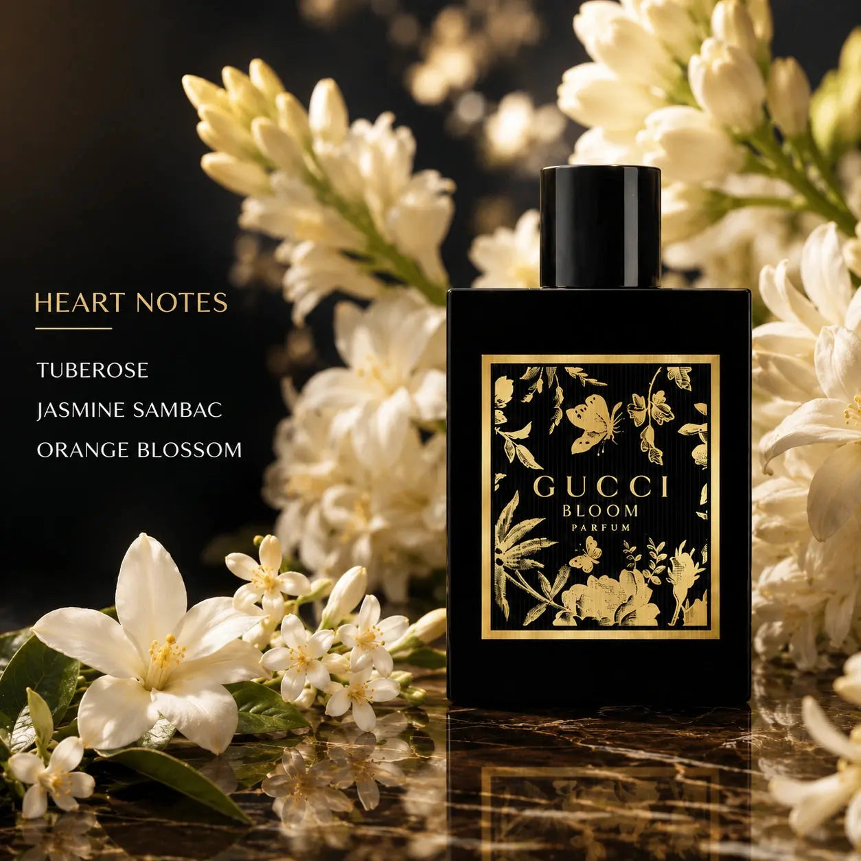 Gucci Bloom Parfum 100ml heart notes image with tuberose, jasmine sambac and orange blossom at Gadgets Online NZ