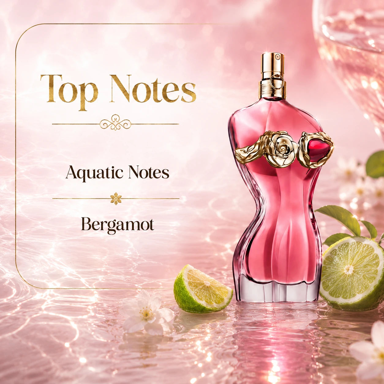 Jean Paul Gaultier La Belle Rosea EDP 100ml top notes image showing aquatic notes and bergamot at Gadgets Online NZ