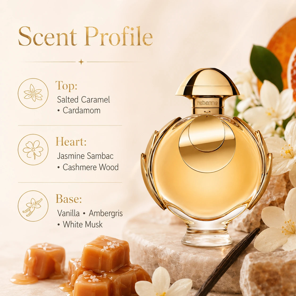 Rabanne Olympéa Elixir EDP Intense 80ml heart notes image showing the perfume in a sophisticated floral and warm golden mood.