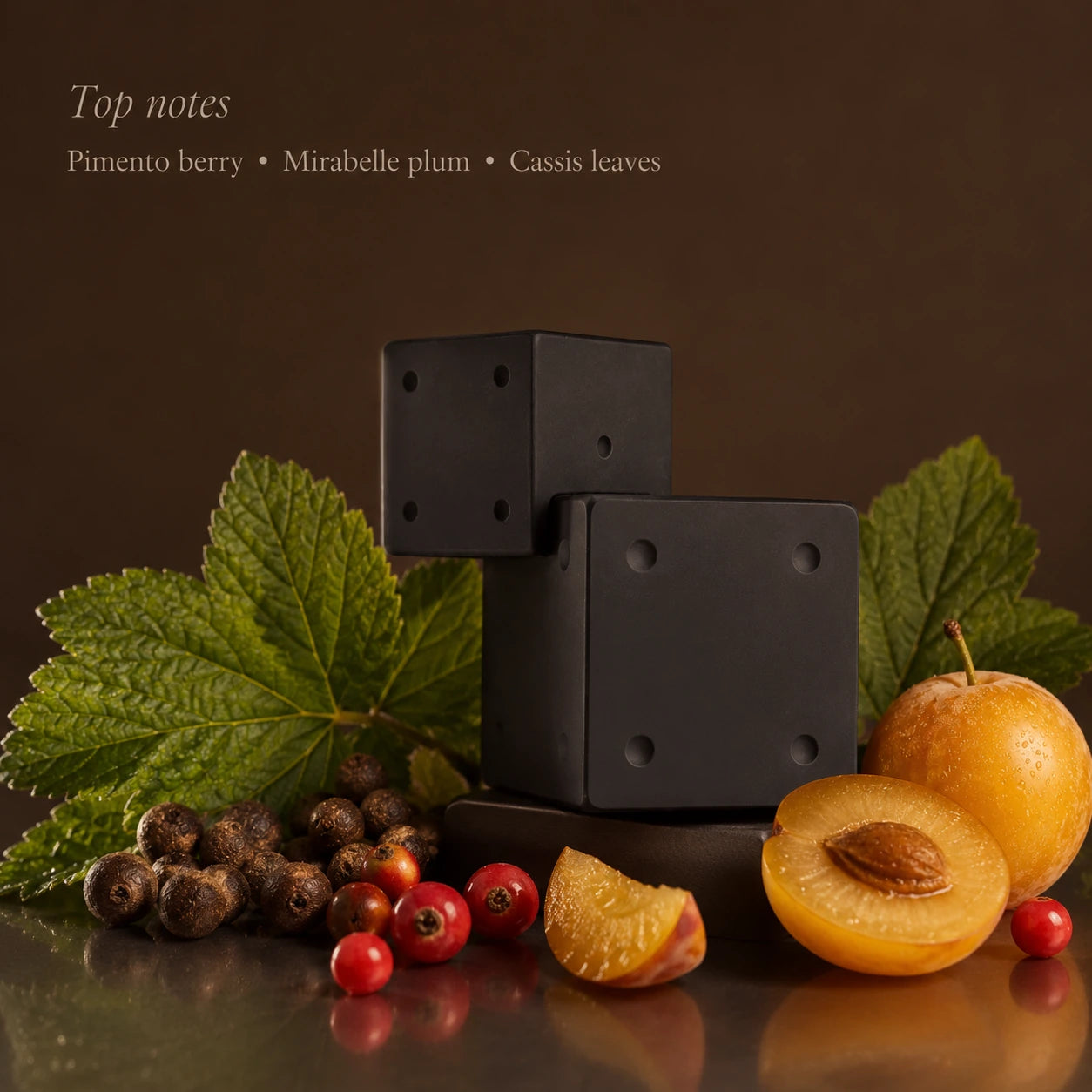 Billie Eilish Your Turn II top notes perfume image with pimento berry, mirabelle plum, and cassis leaves.
