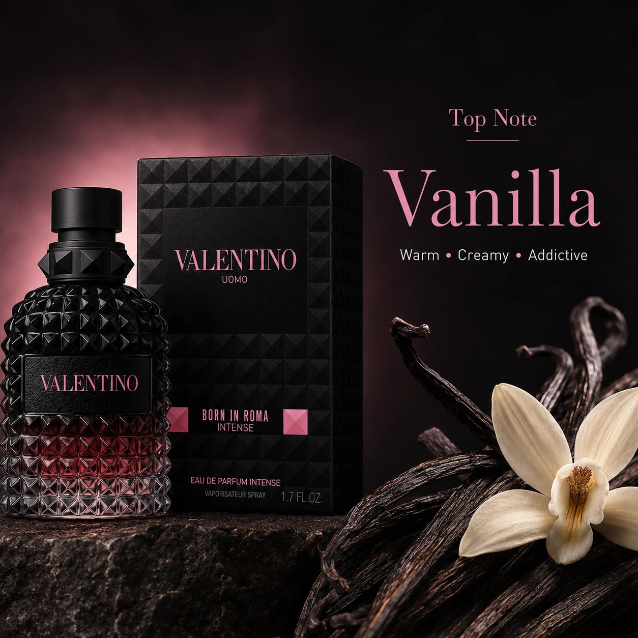 Valentino Uomo Born In Roma Intense EDP 50ml for men top note image showing vanilla with warm creamy addictive character at Gadgets Online NZ